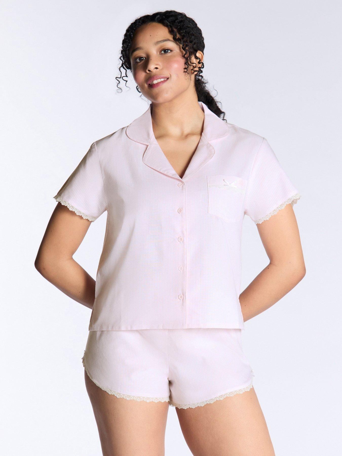 Image of Boux Avenue Lace Trim Stripe Short Sleeve  &  Short Pyjama Set - Pink