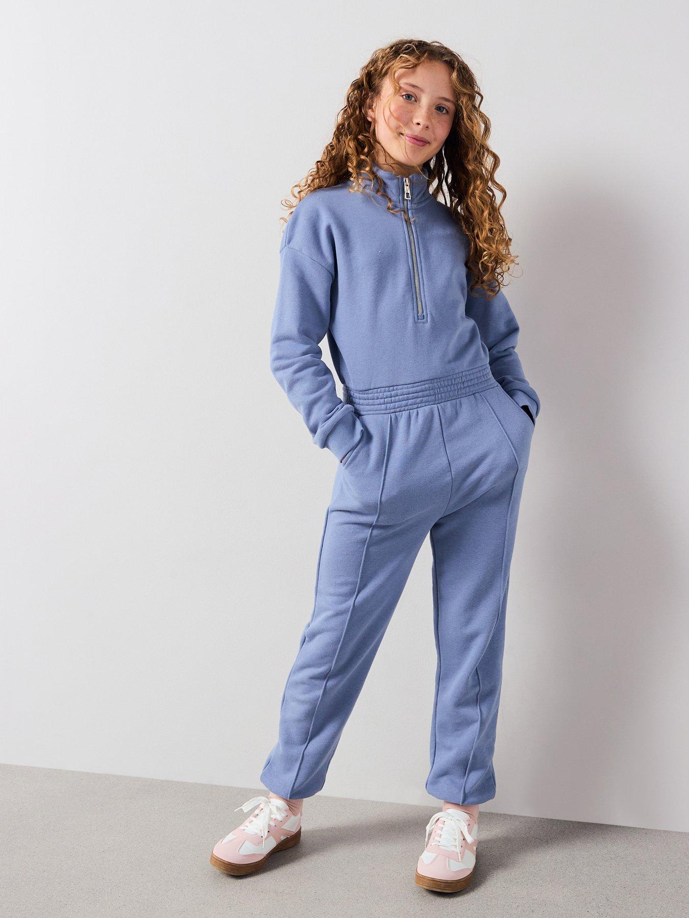 V by Very Girls Jersey Long Sleeve Elasticated Waist Jumpsuit - Blue