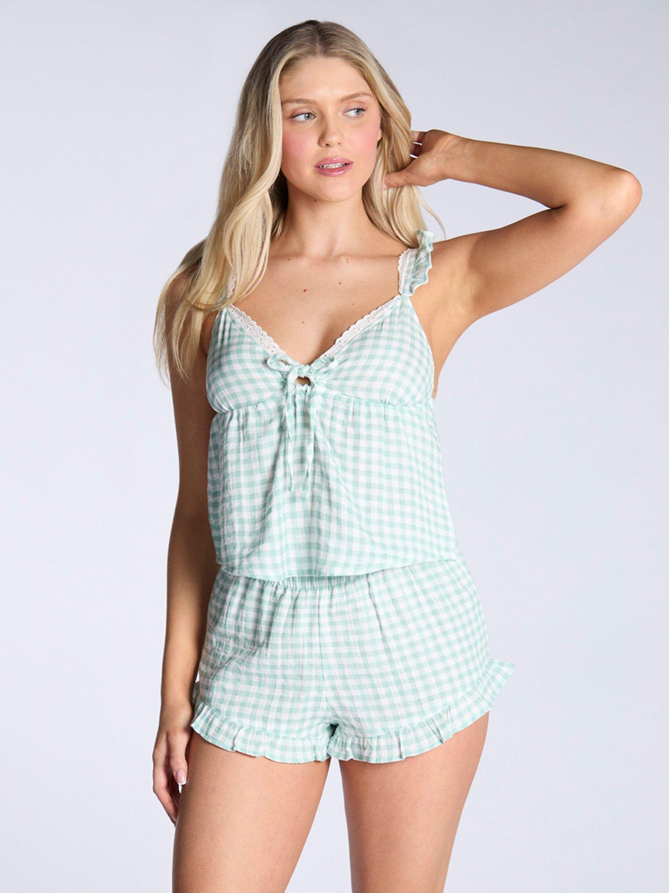 Image of Boux Avenue Gingham Crinkle Cami Pyjama Set - Green