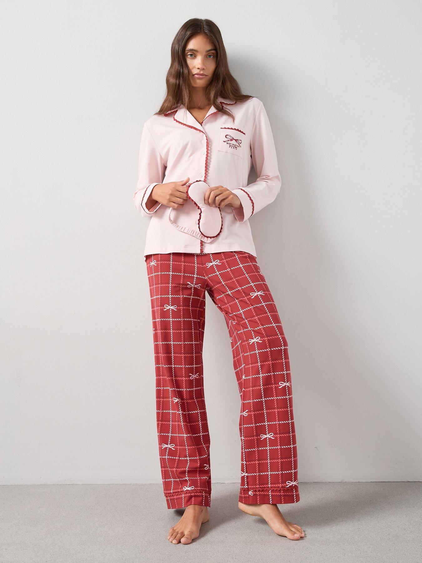 The Very Collection Lace Trim Embroidered Pocket Revere Pj Set With Matching Eyemask - Pink