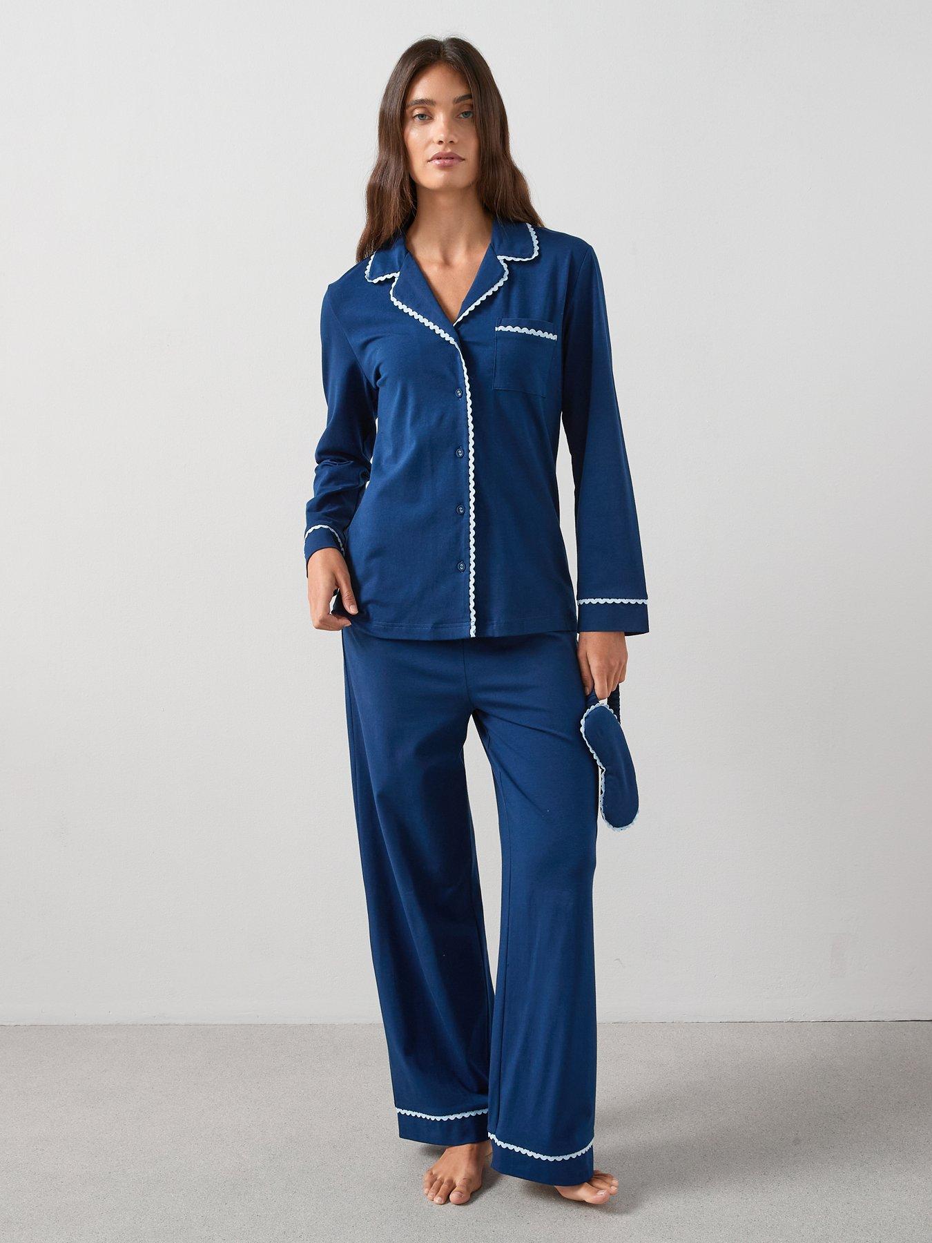 The Very Collection Lace Trim Revere PJ Set with Matching Eyemask - Blue