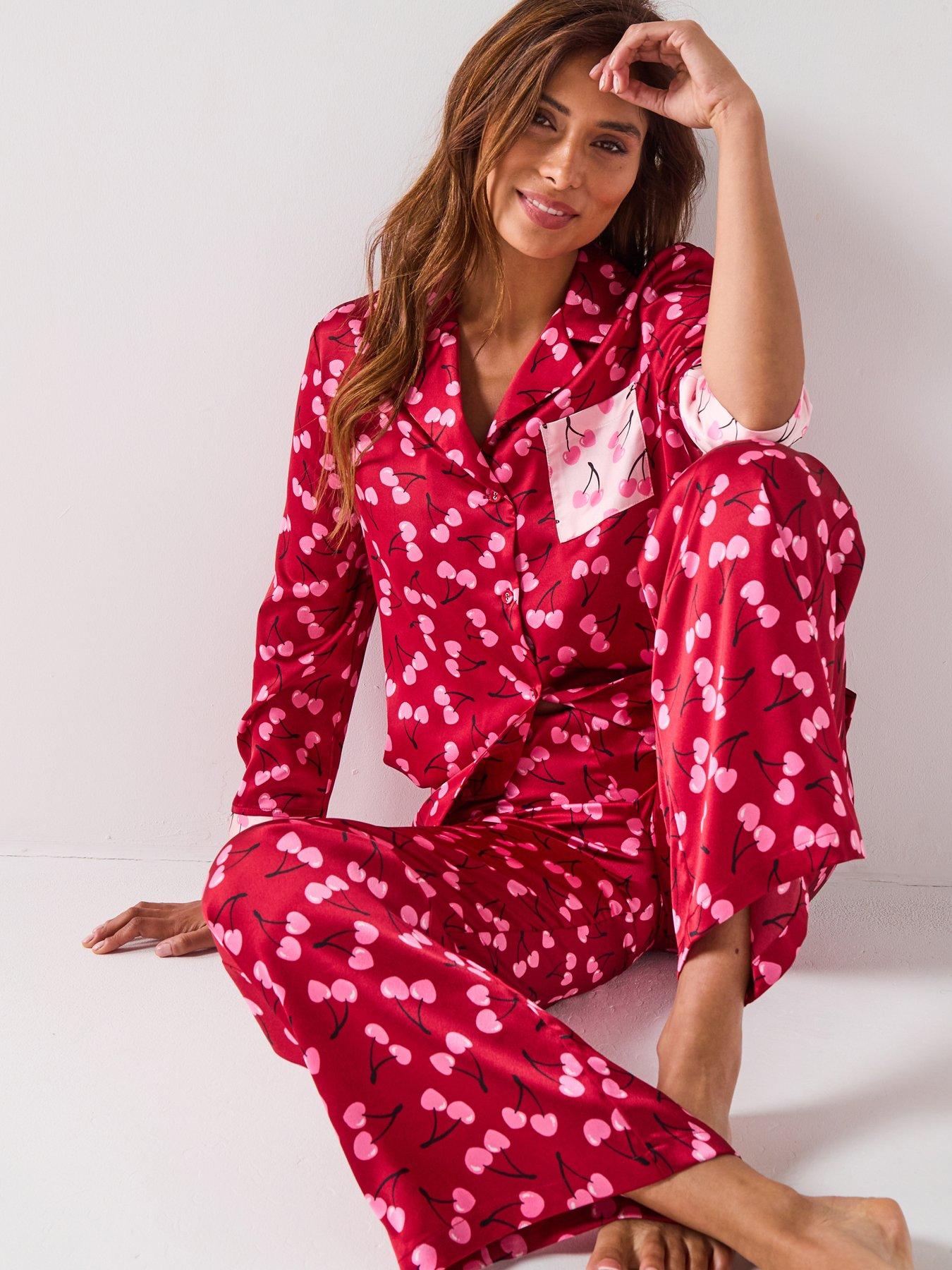 The Very Collection Satin Cherry Print Contrast Revere Pyjama Set - Red