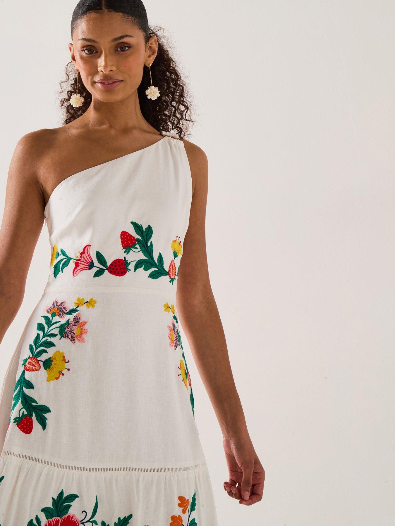 Image 1 of 6 of Forever New Ollie One Embroidered Shoulder Maxi - White