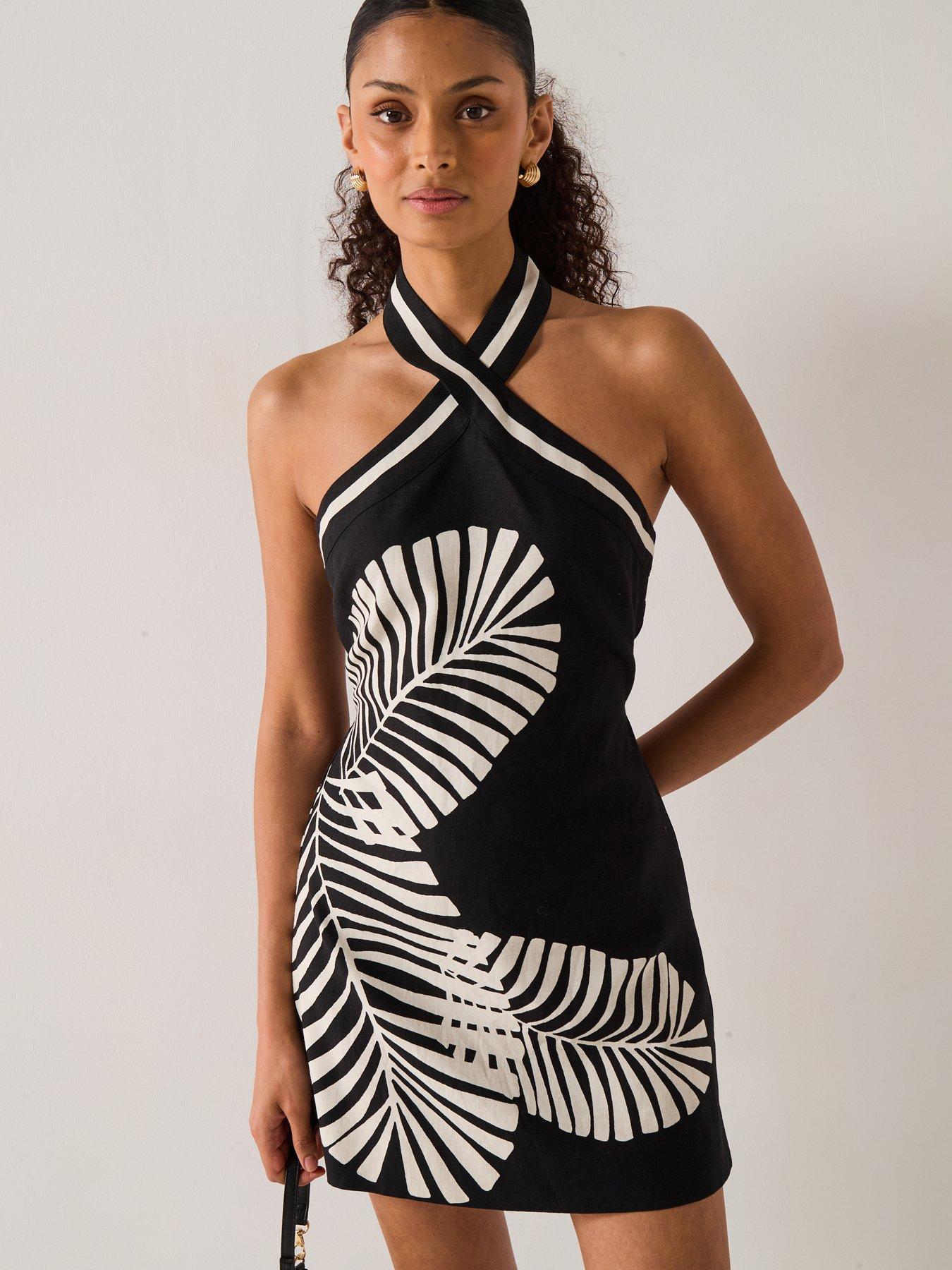 Forever New Adore Halter Neck Palm Linen Mini - Black