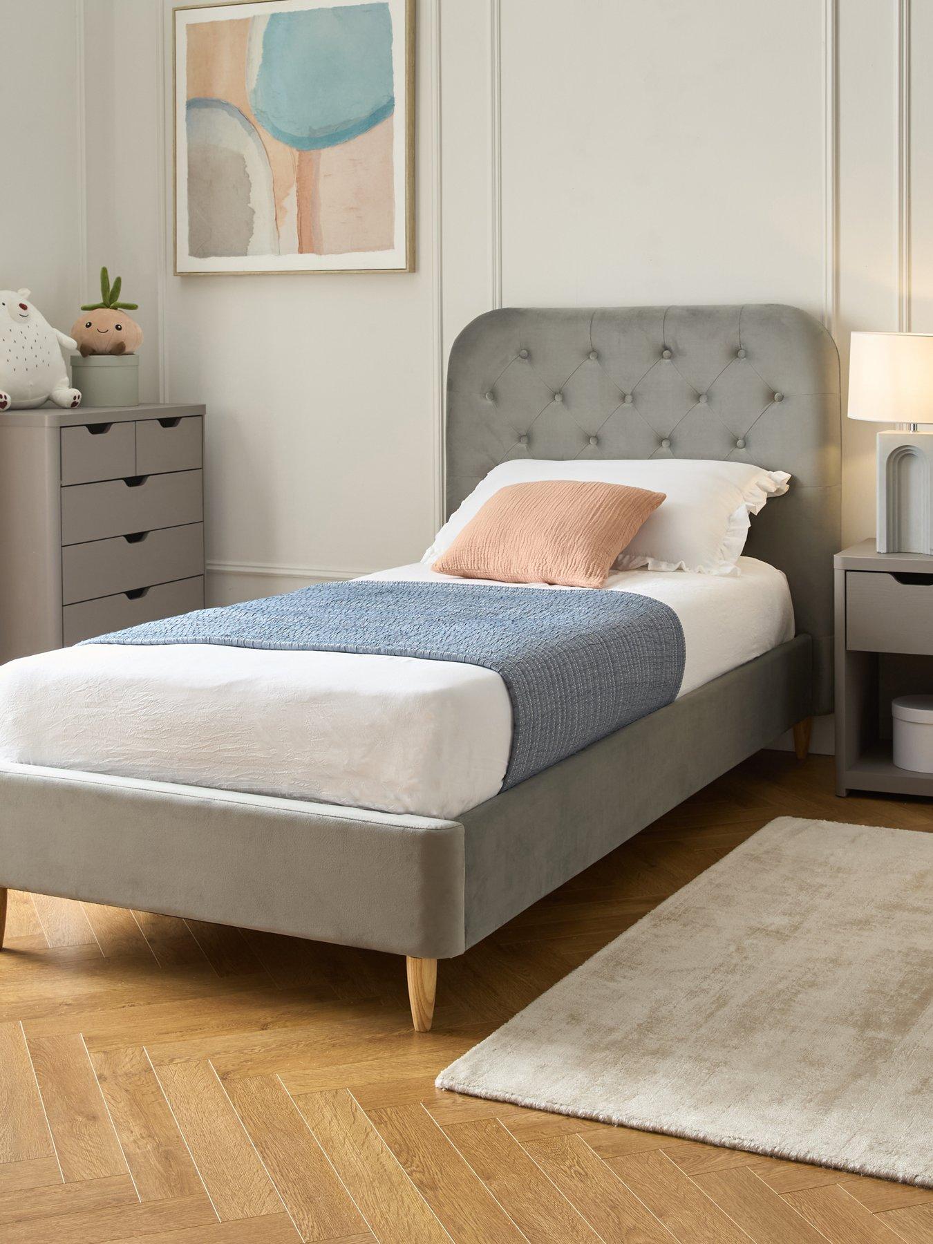 The Very Collection Freya Velvet Fabric Single Kids Bed Frame and Headboard with Mattress Options (Buy  &  SAVE!) - Grey - FSC® Certified