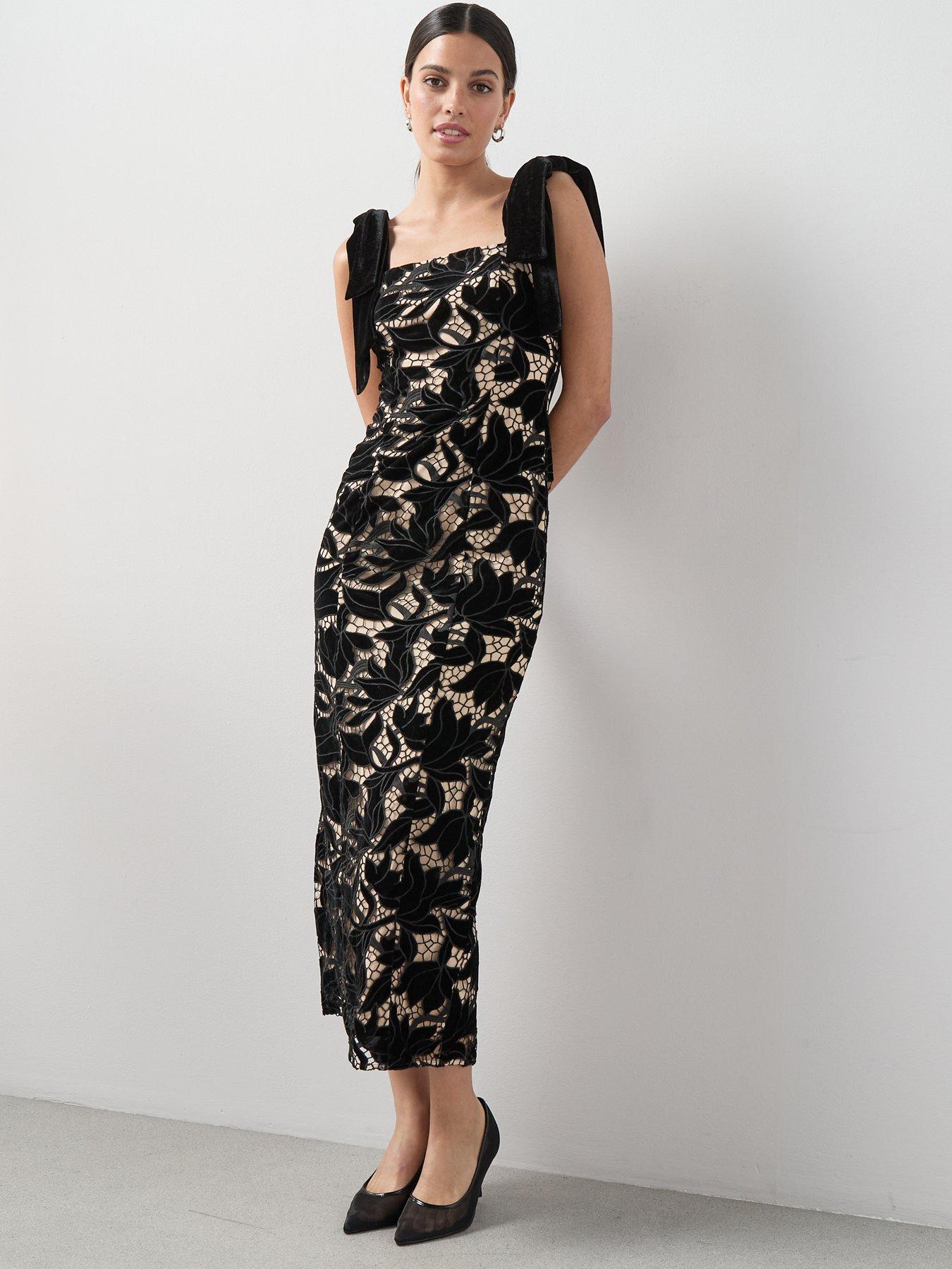 The Very Collection Velvet Tie Strap Guipure Lace Maxi Dress - Black