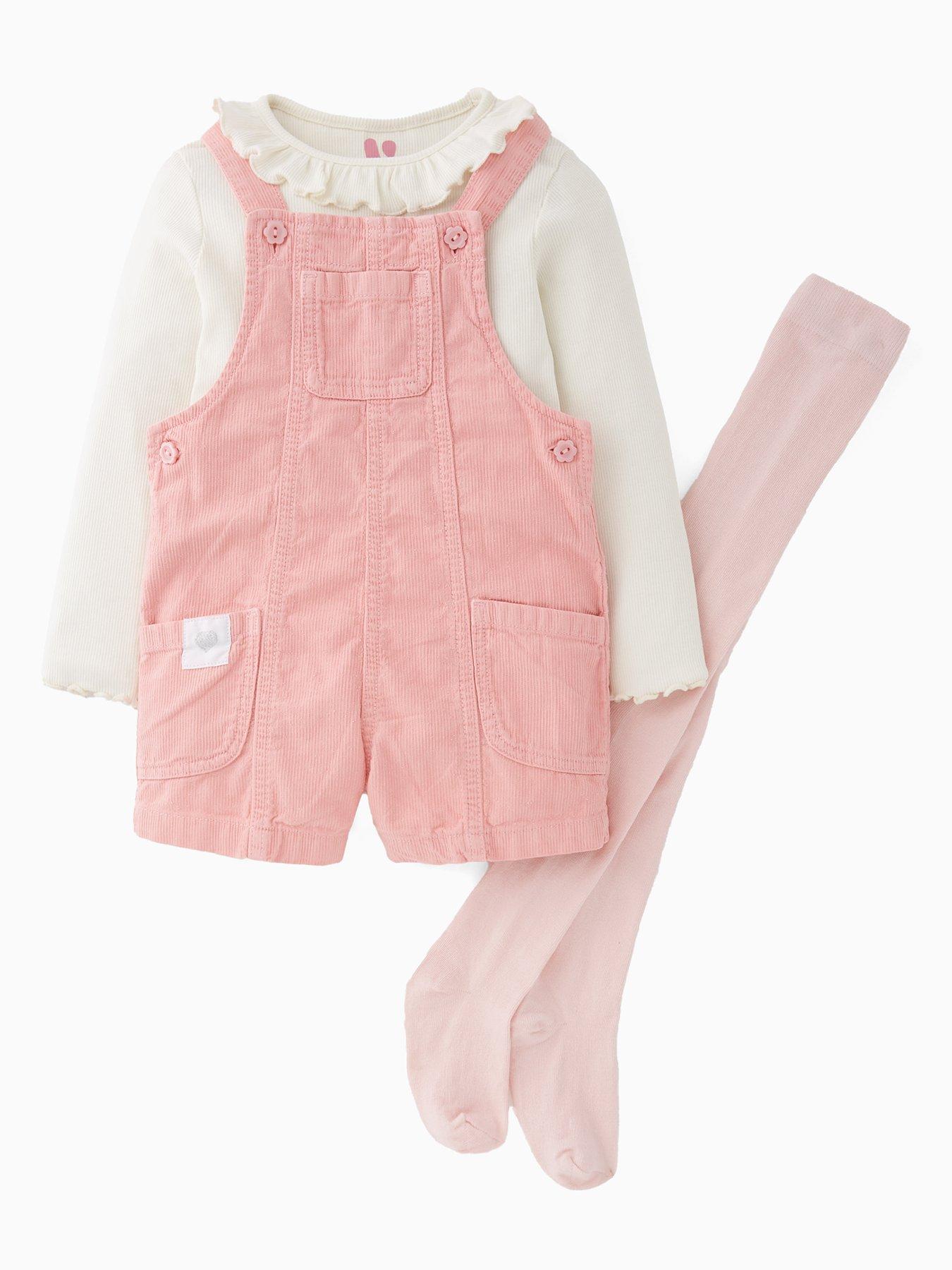 Mini V by Very Girls Cord Dungaree Playsuit With Long Sleeve Top And Tights - Pink