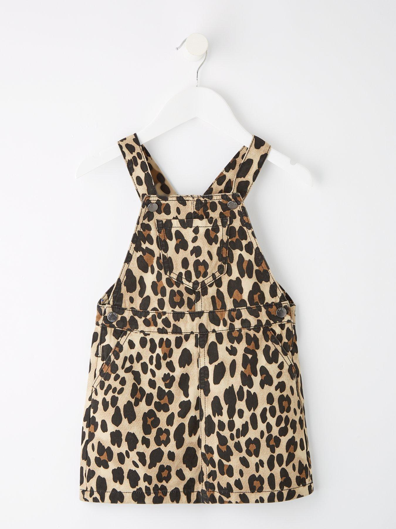 Mini V by Very Girls Denim Leopard Printed Dungaree Dress - Multi