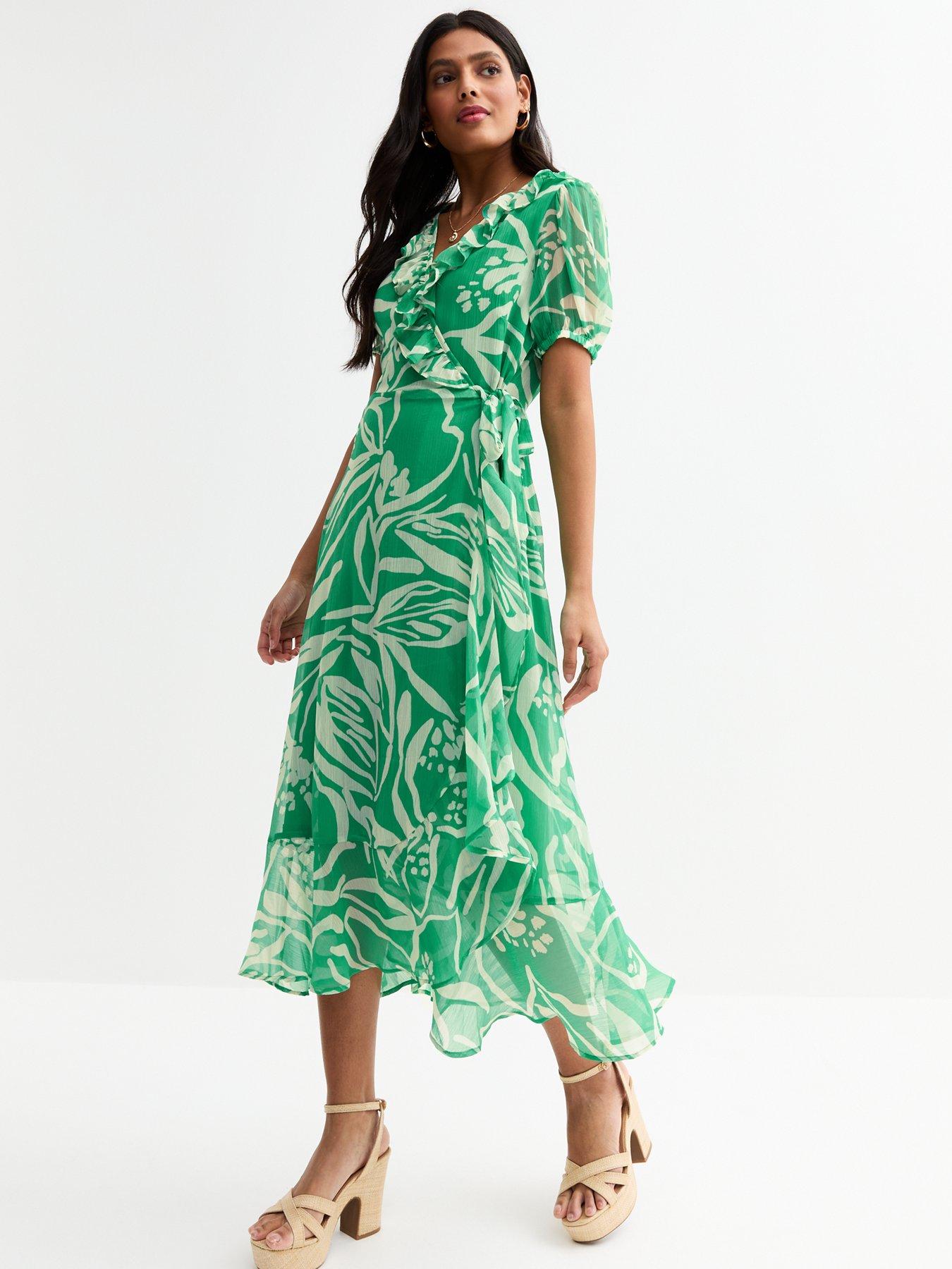 Image 1 of 4 of New Look Chiffon Leaf Print Midi Dress - Green