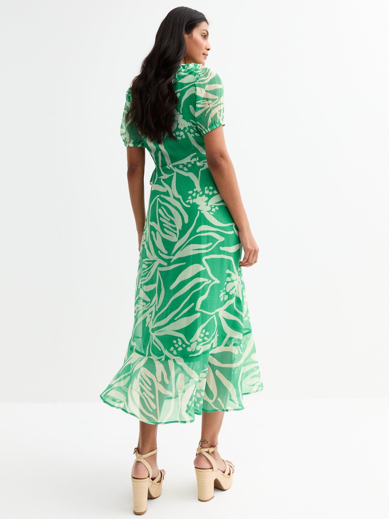 Image 2 of 4 of New Look Chiffon Leaf Print Midi Dress - Green