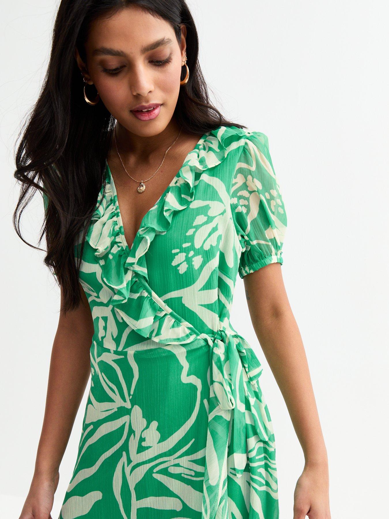 Image 4 of 4 of New Look Chiffon Leaf Print Midi Dress - Green
