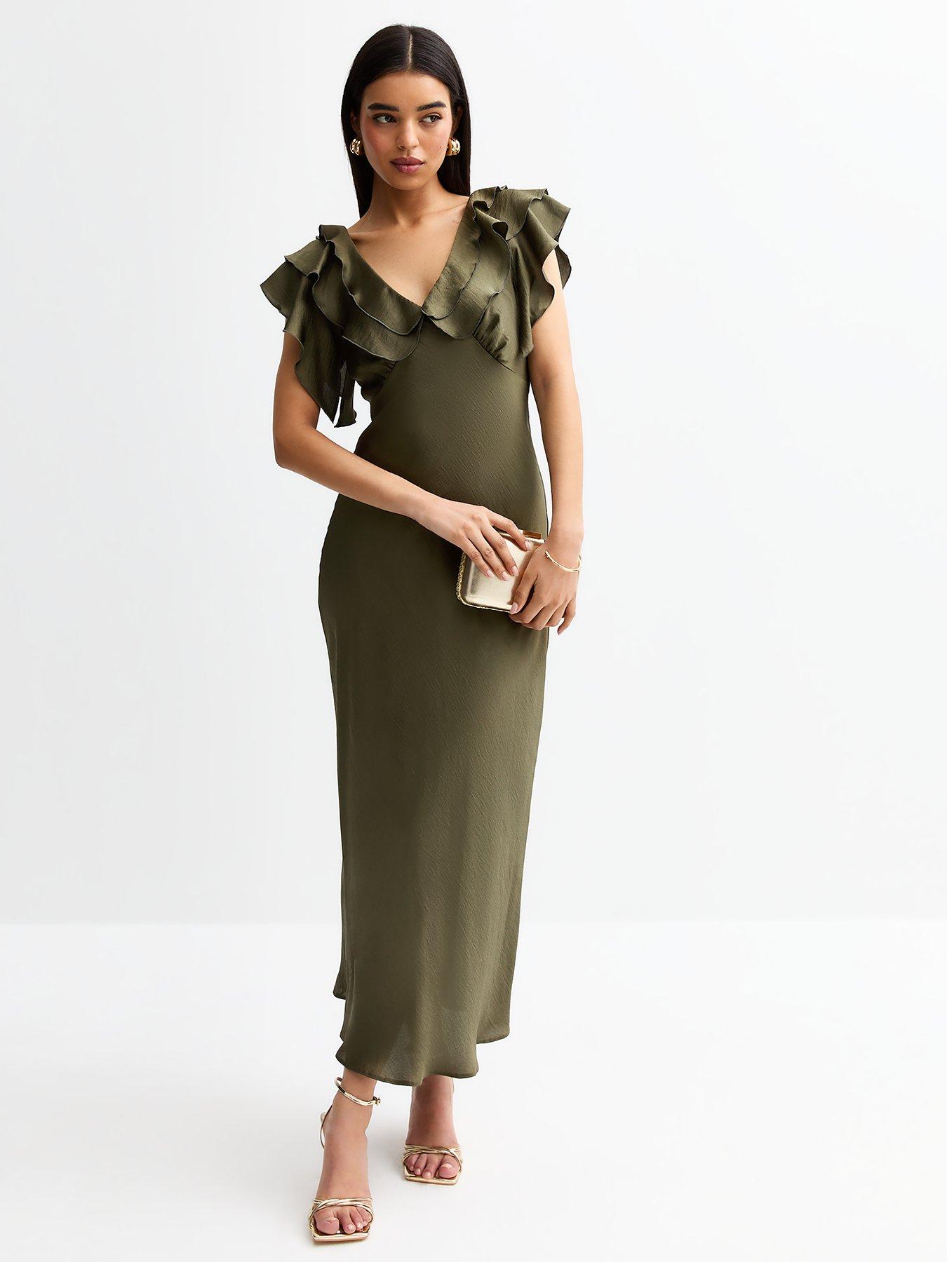 New Look Khaki Crinkled Satin Ruffled Midi Dress