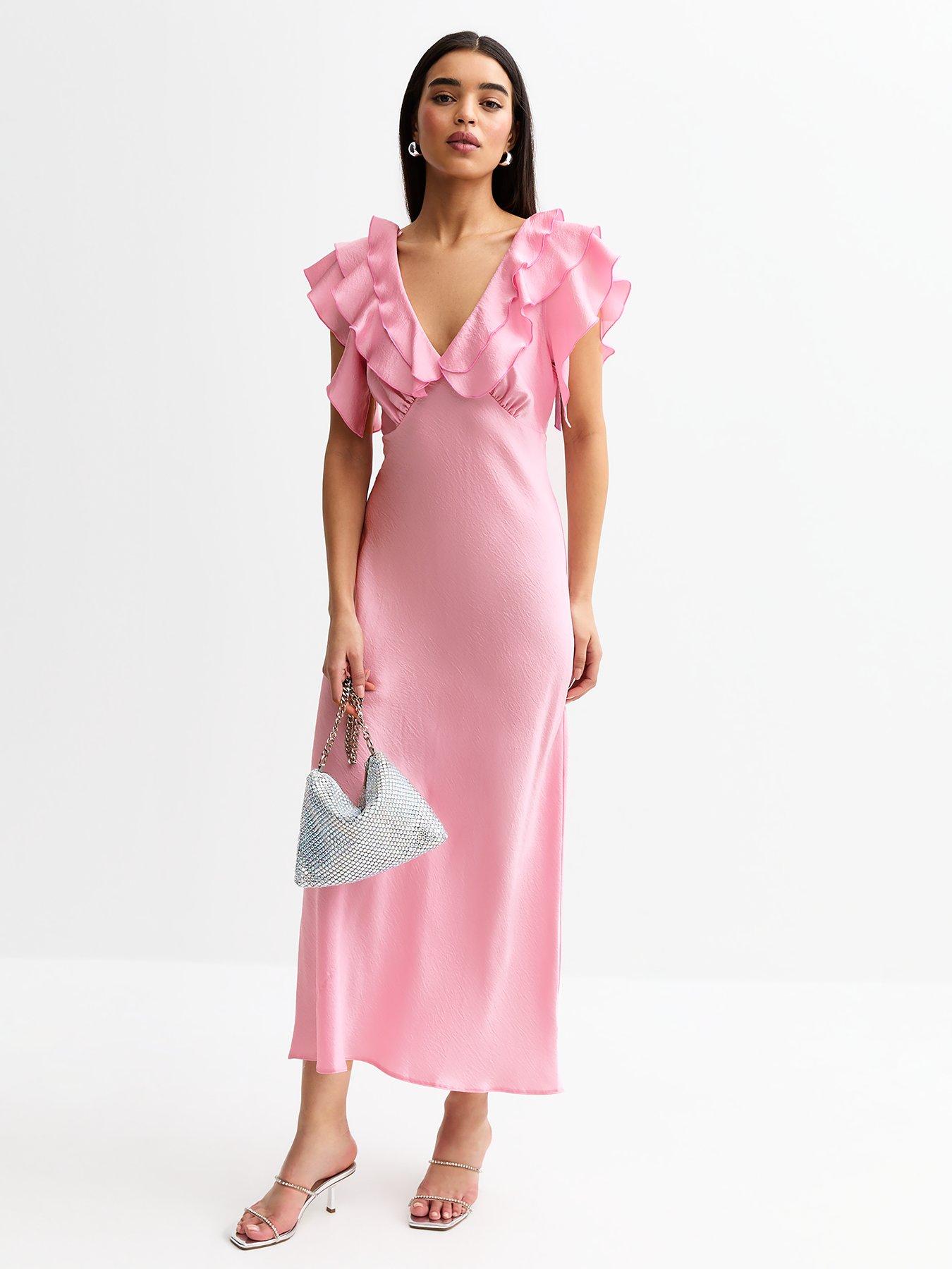 new-look-pink-crinkled-satin-ruffled-midi-dress