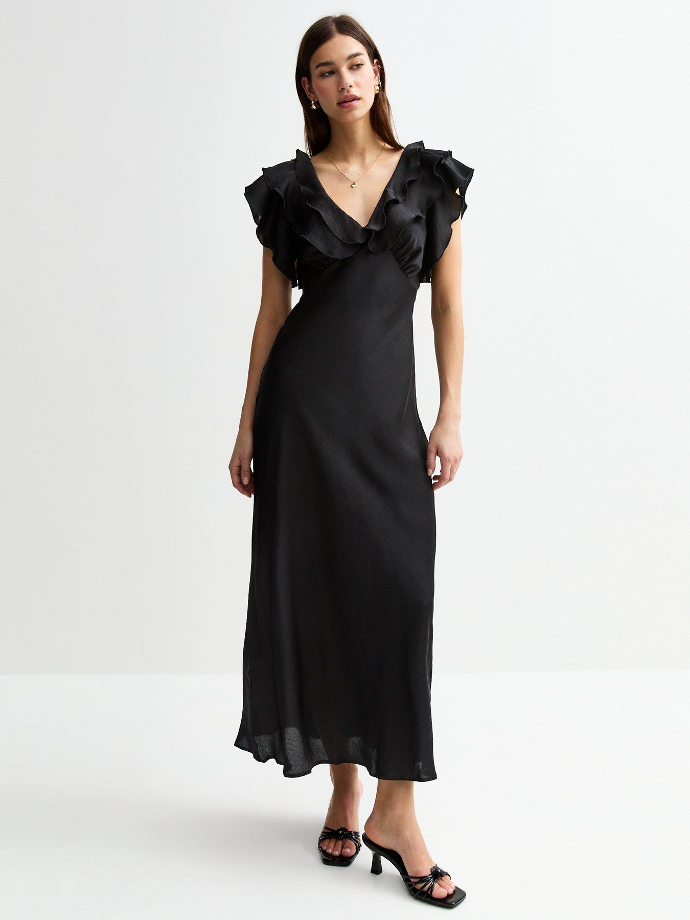 New Look Crinkled Satin Ruffled Midi Dress - Black