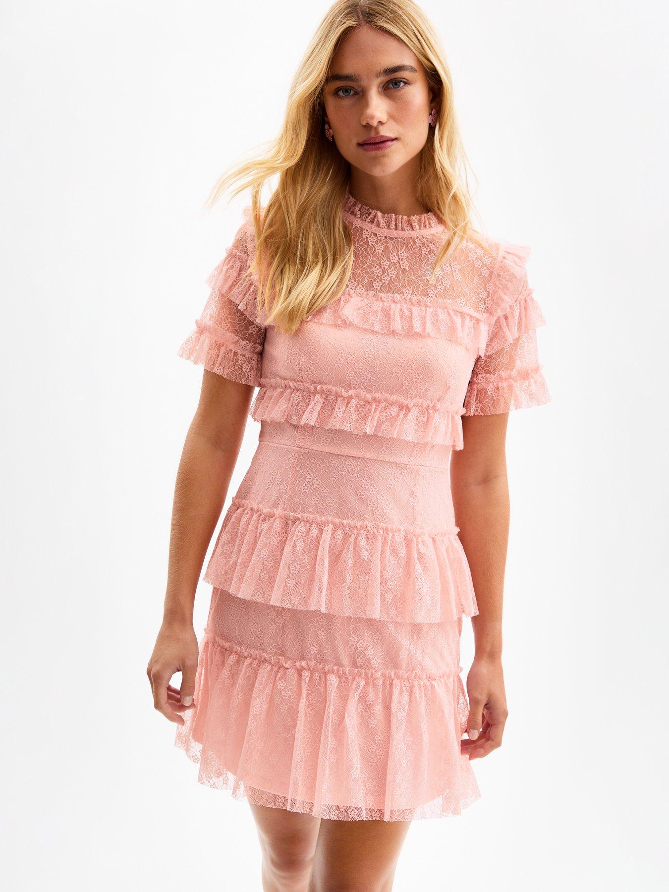 Image 1 of 4 of New Look Lace Frilly Trimmed Mini Dress - Pink