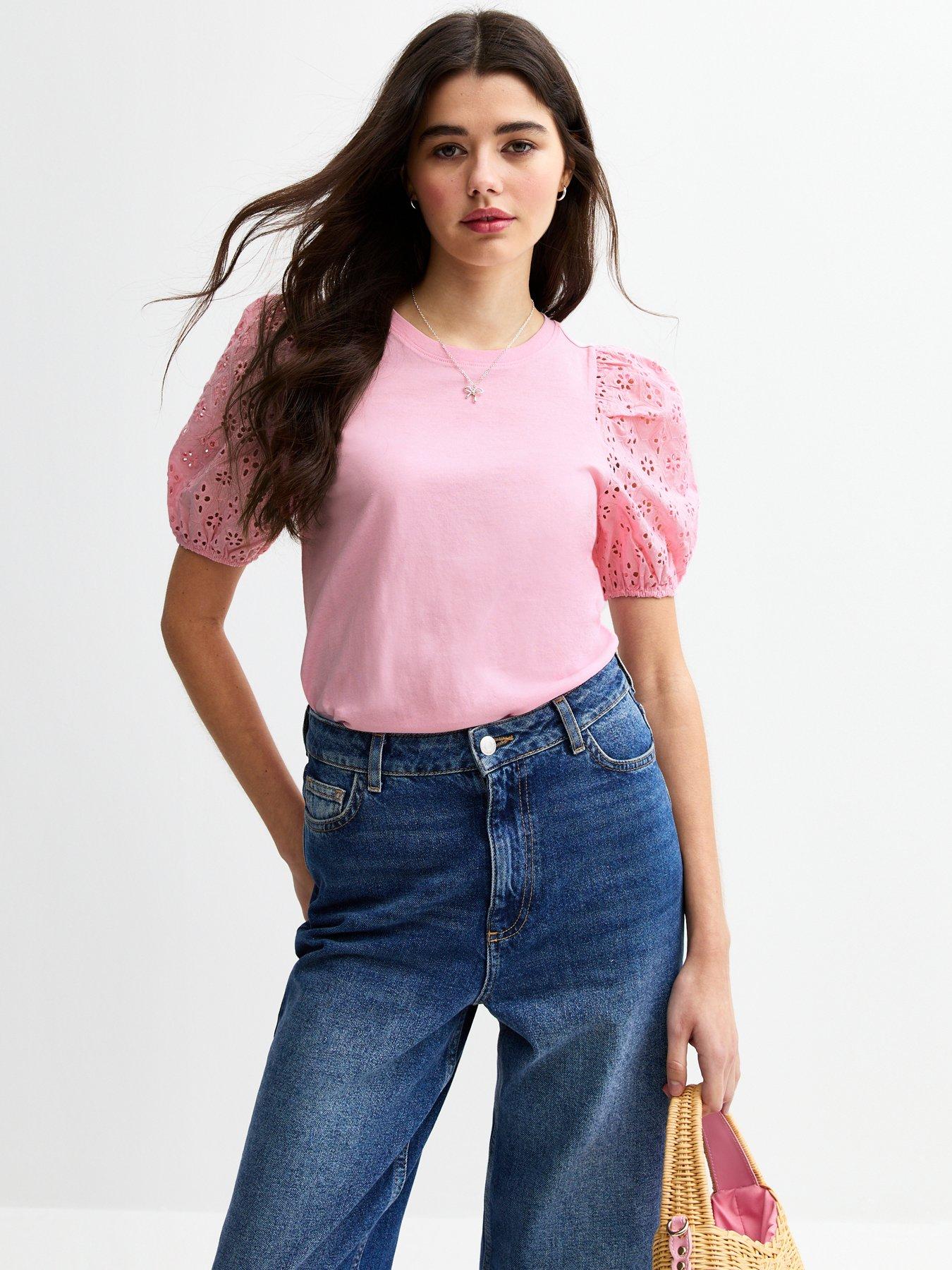 Image of New Look Broderie Anglaise Sleeve Jersey Top - Pink