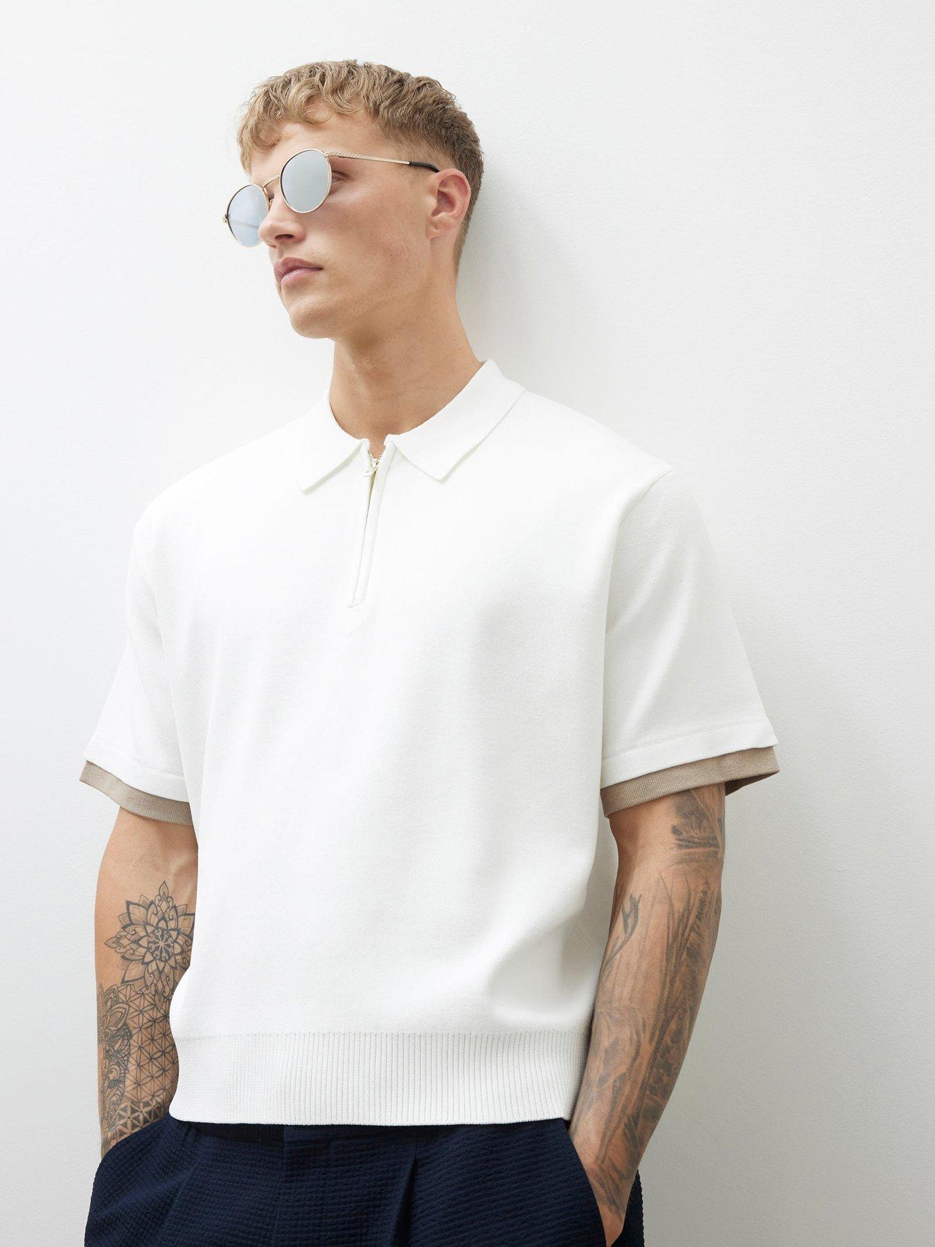 River Island Short Sleeve Zip Through Knitted Polo - Cream