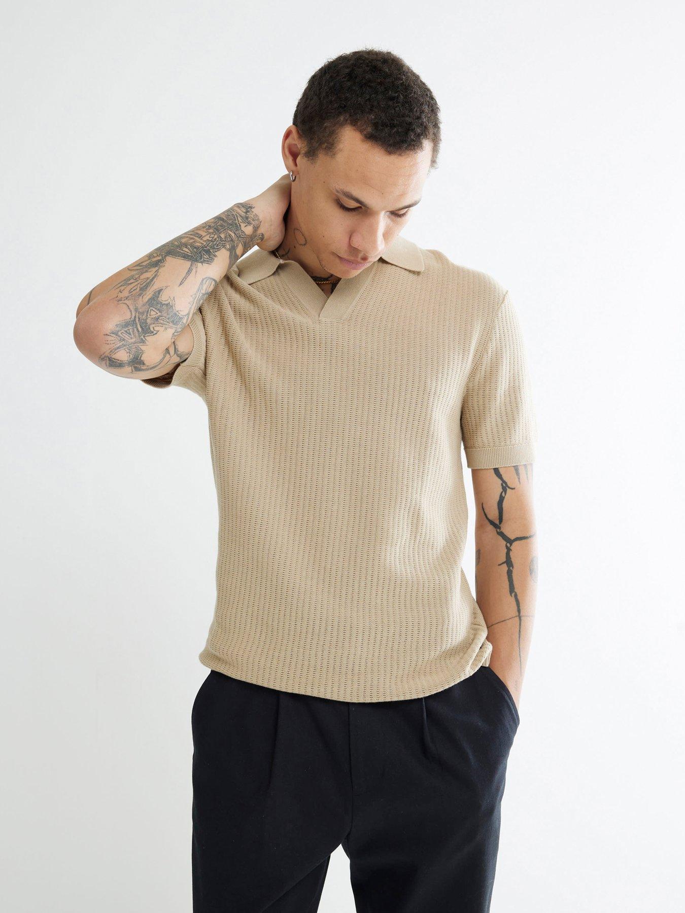 River Island Short Sleeve Open Collar Knitted Polo Top - Beige
