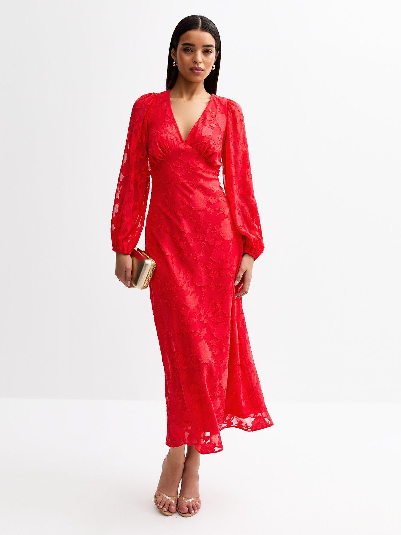 New Look Floral Patterned Long Sleeve Midi Dress - Red