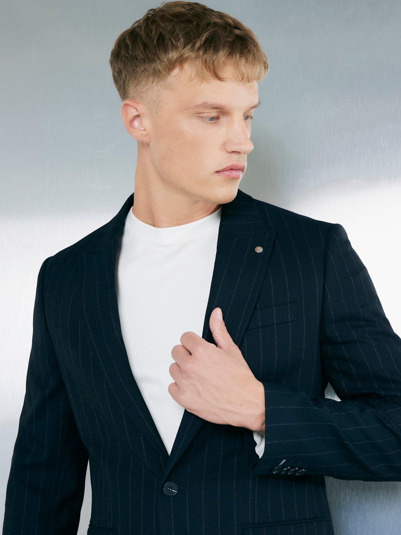 Image 1 of 4 of River Island Slim Fit Pinstripe Suit Jacket - Navy