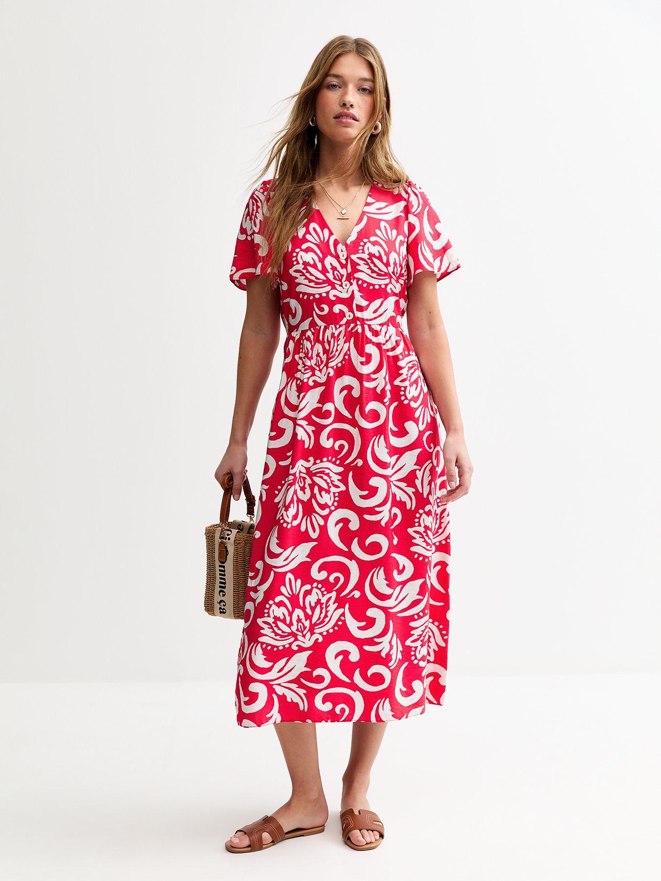 Image 1 of 4 of New Look Red Pattern Print Buttoned Midi Dress