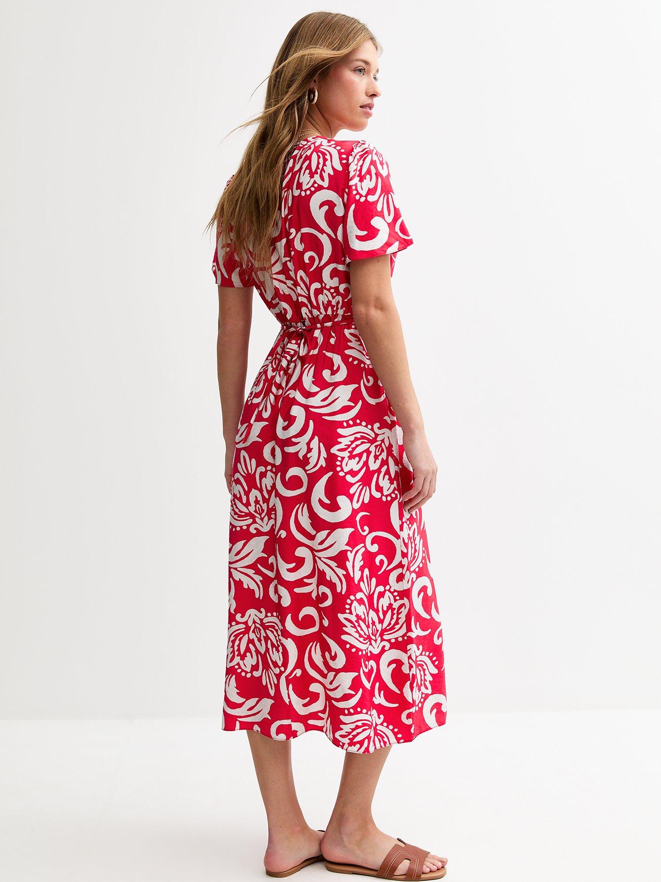 Image 2 of 4 of New Look Red Pattern Print Buttoned Midi Dress