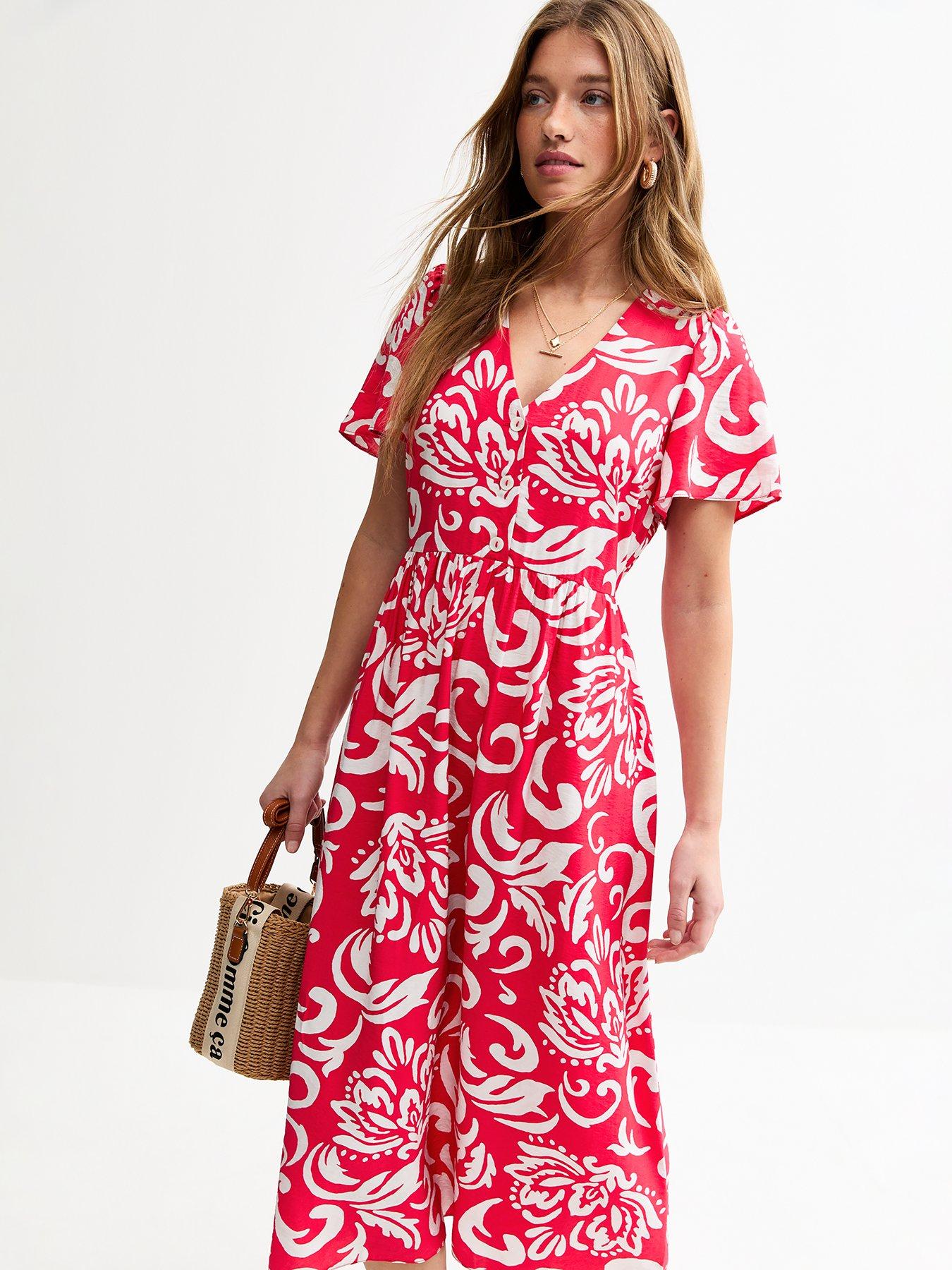 Image 3 of 4 of New Look Red Pattern Print Buttoned Midi Dress
