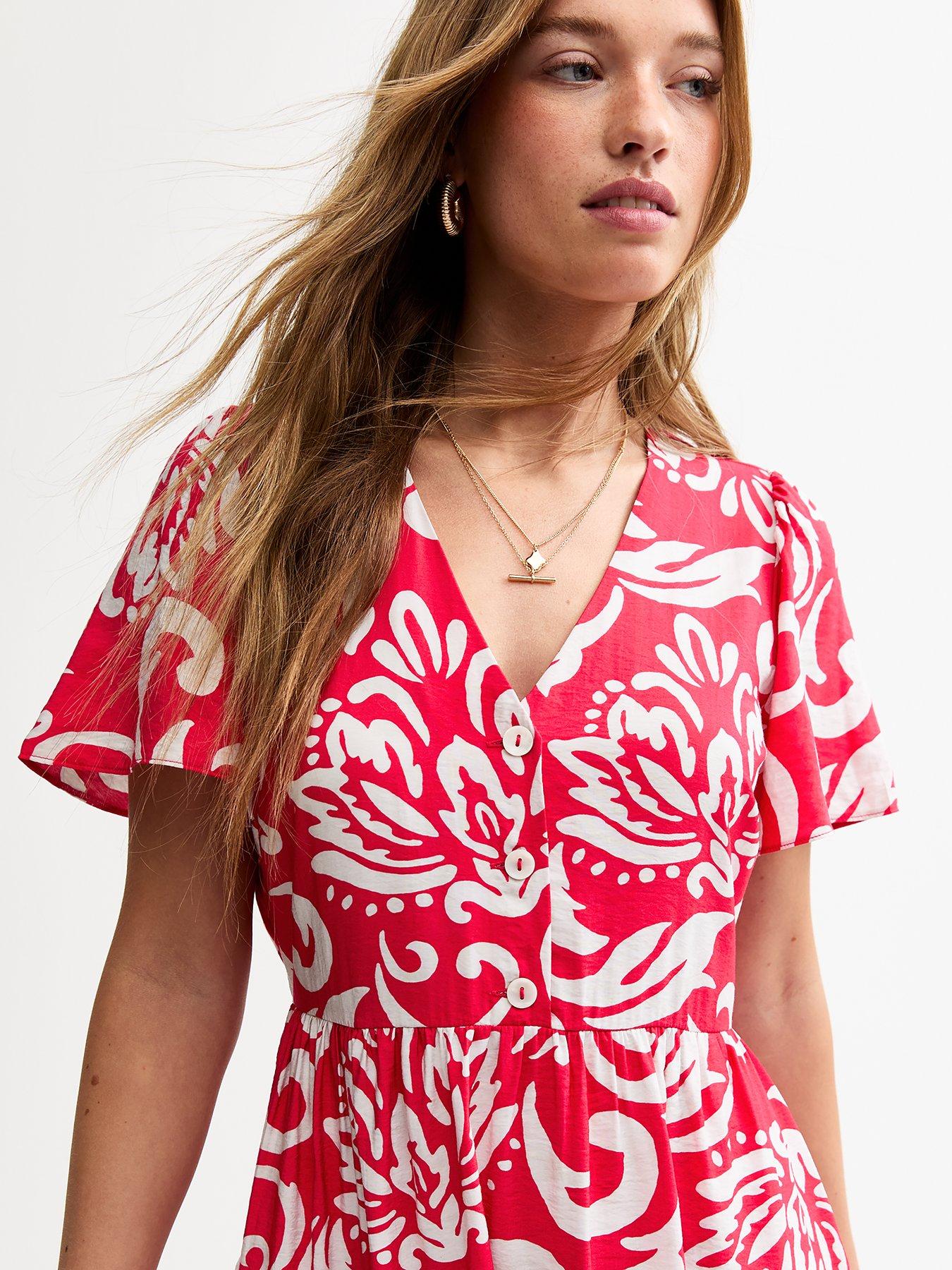 Image 4 of 4 of New Look Red Pattern Print Buttoned Midi Dress