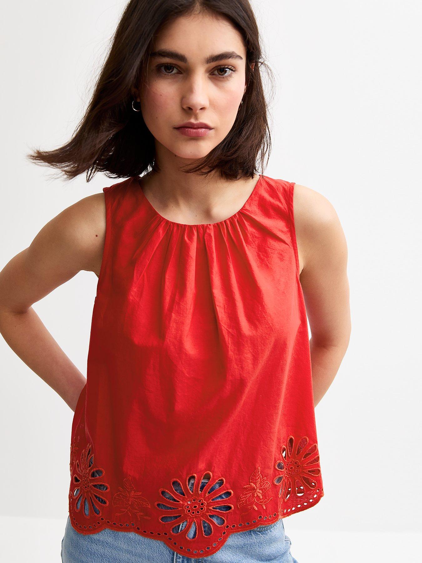 Image 1 of 4 of New Look Broderie Anglaise Hem Vest - Red