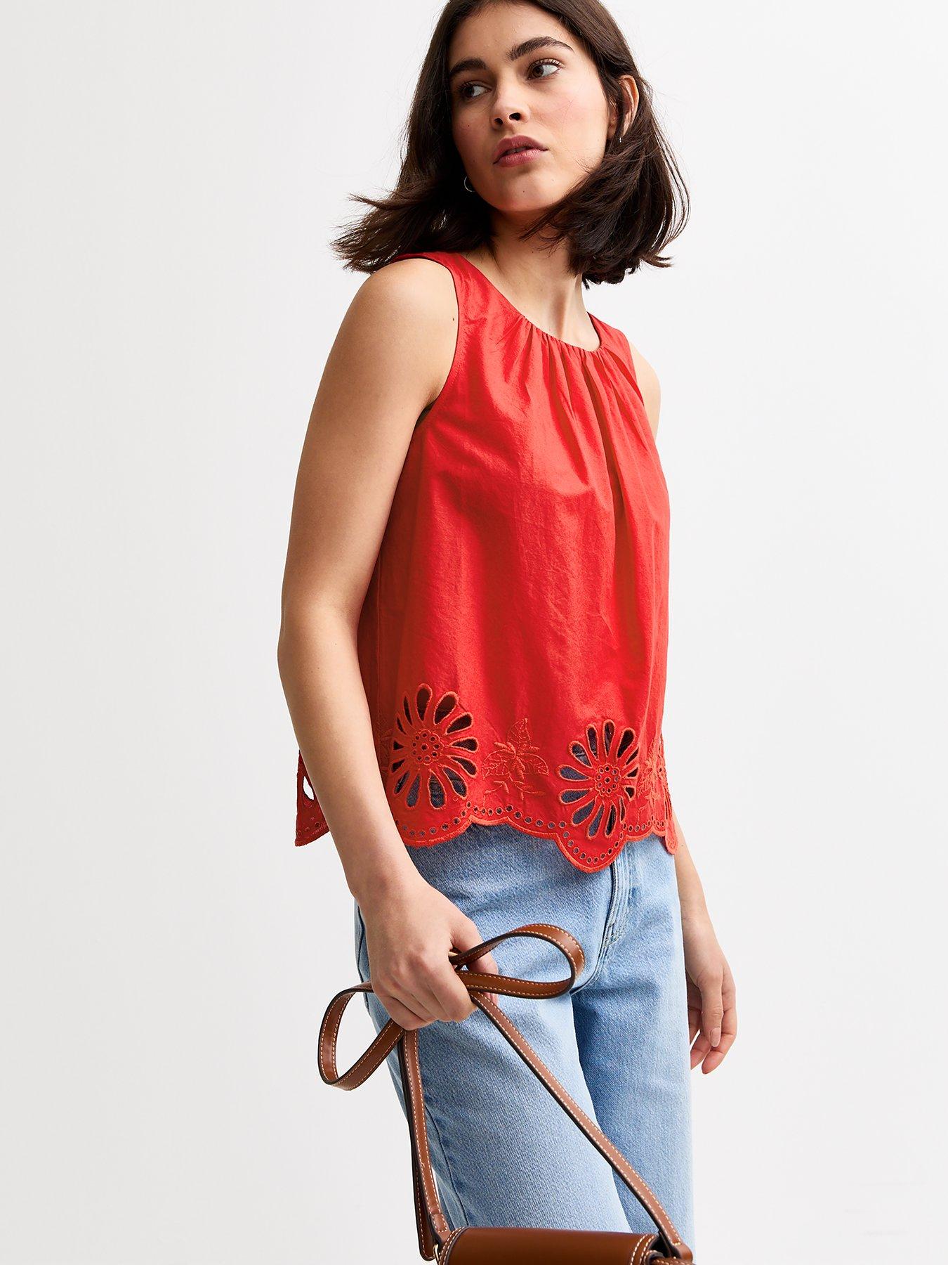 Image 4 of 4 of New Look Broderie Anglaise Hem Vest - Red
