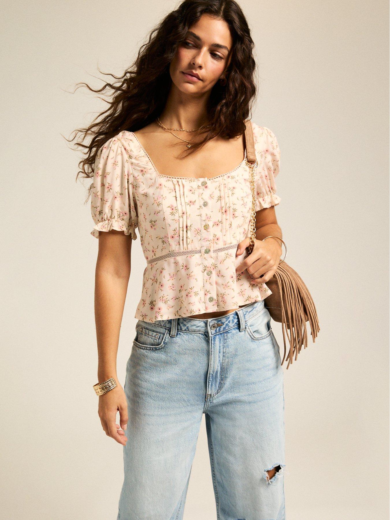Image of New Look Cream Pattern Lace Trim Milkmaid Top