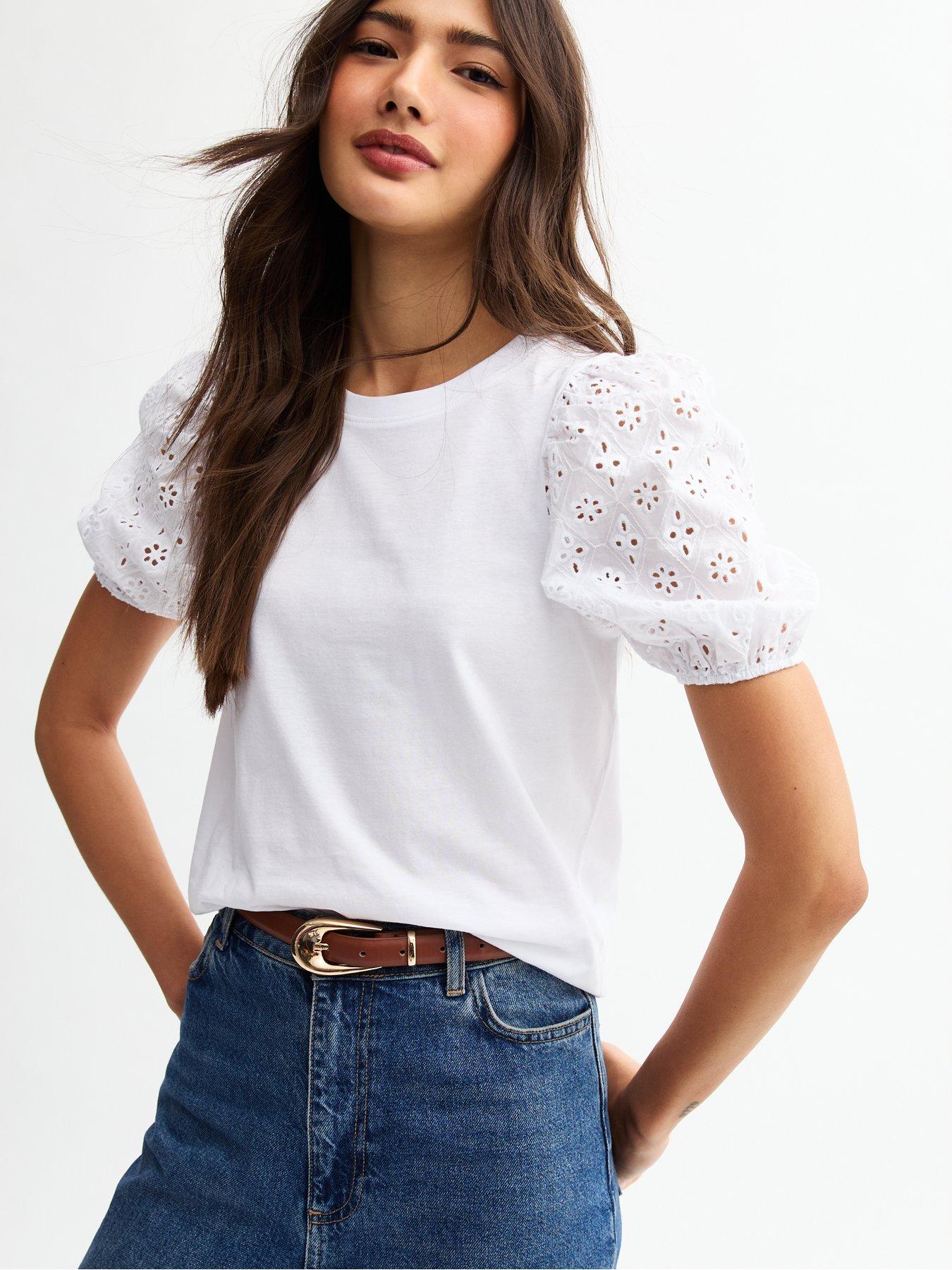 Image of New Look White Broderie Anglaise Sleeve Jersey Top