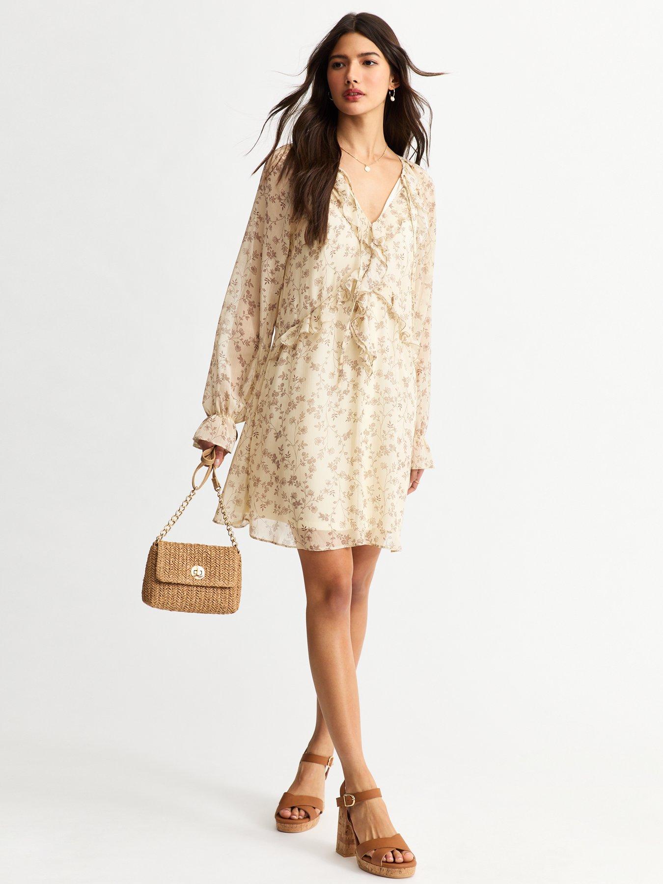 new-look-floral-print-frilly-trim-chiffon-mini-dress-cream
