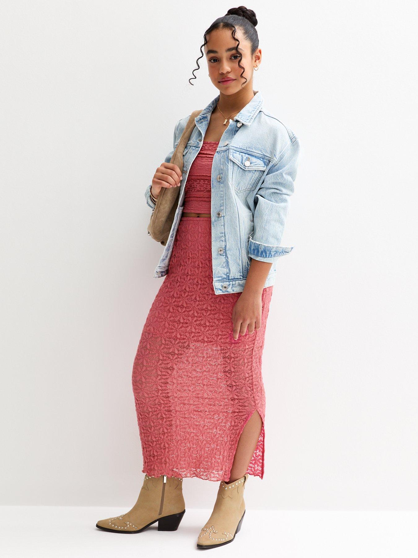 undefined Girls Dark Pink Lace Midi Skirt