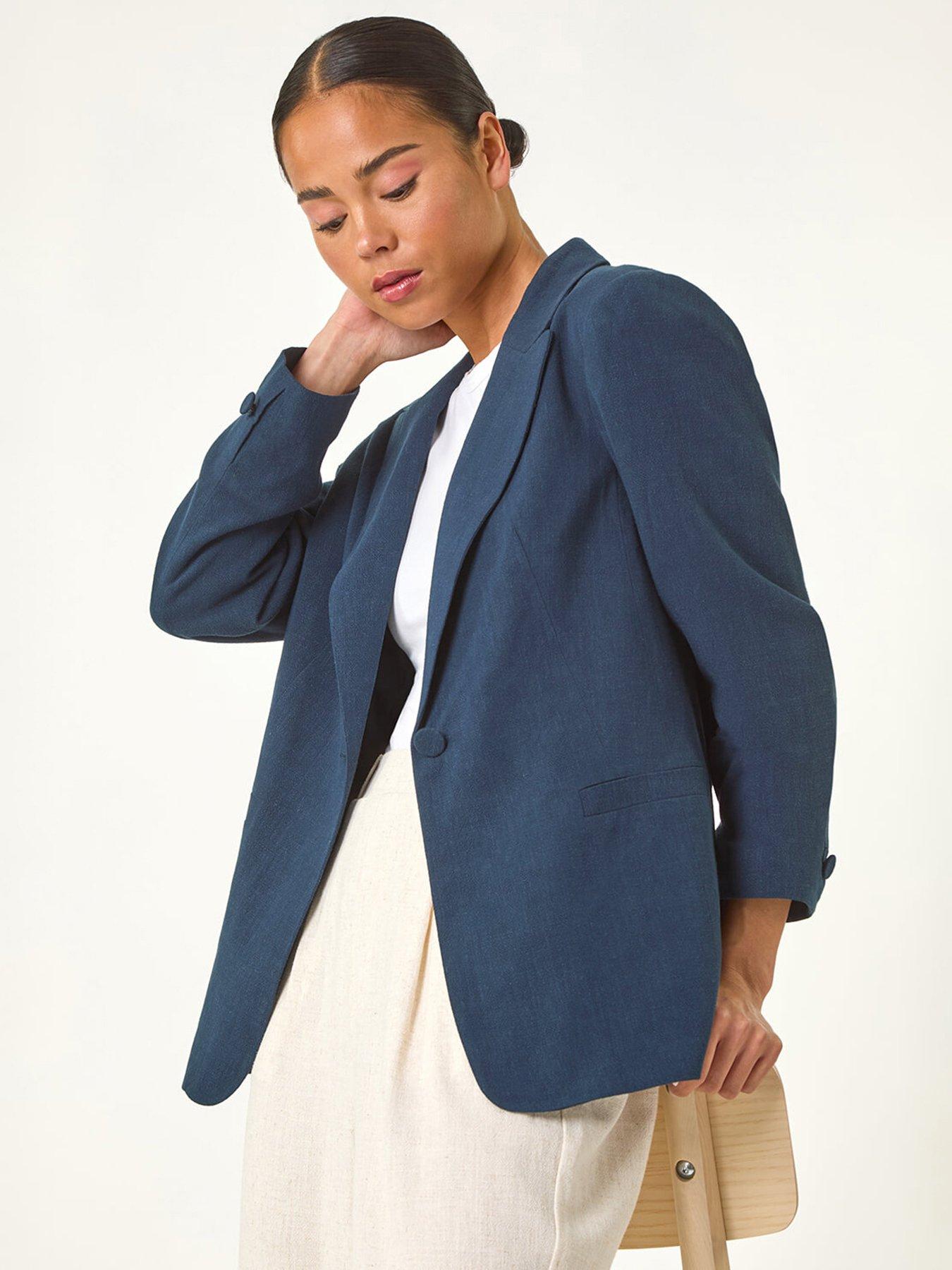 Roman Petite Linen Single Breasted Blazer - Navy