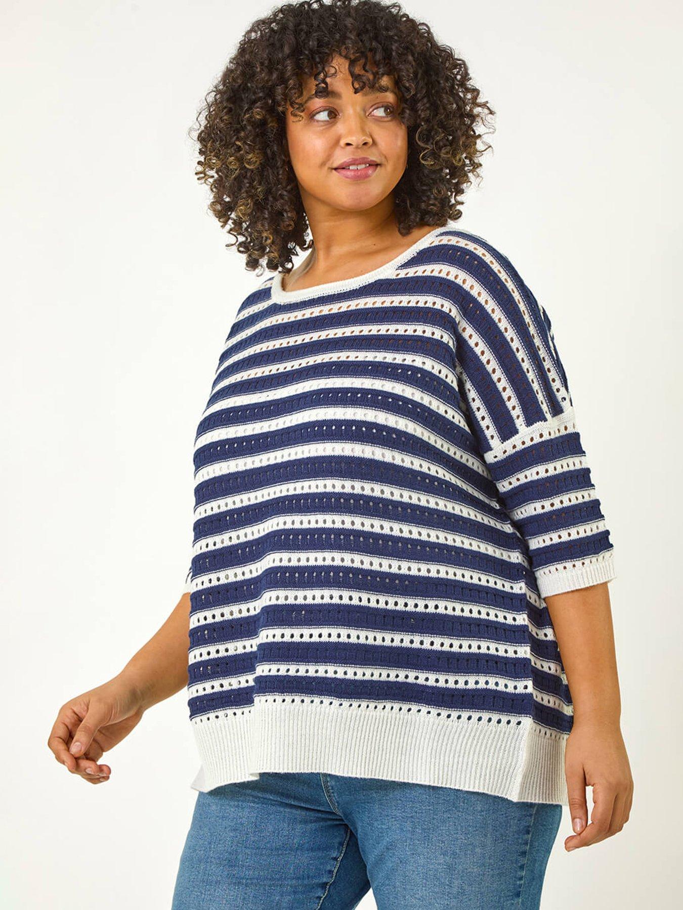 Roman Curve Crochet Stripe Knit Top - Navy