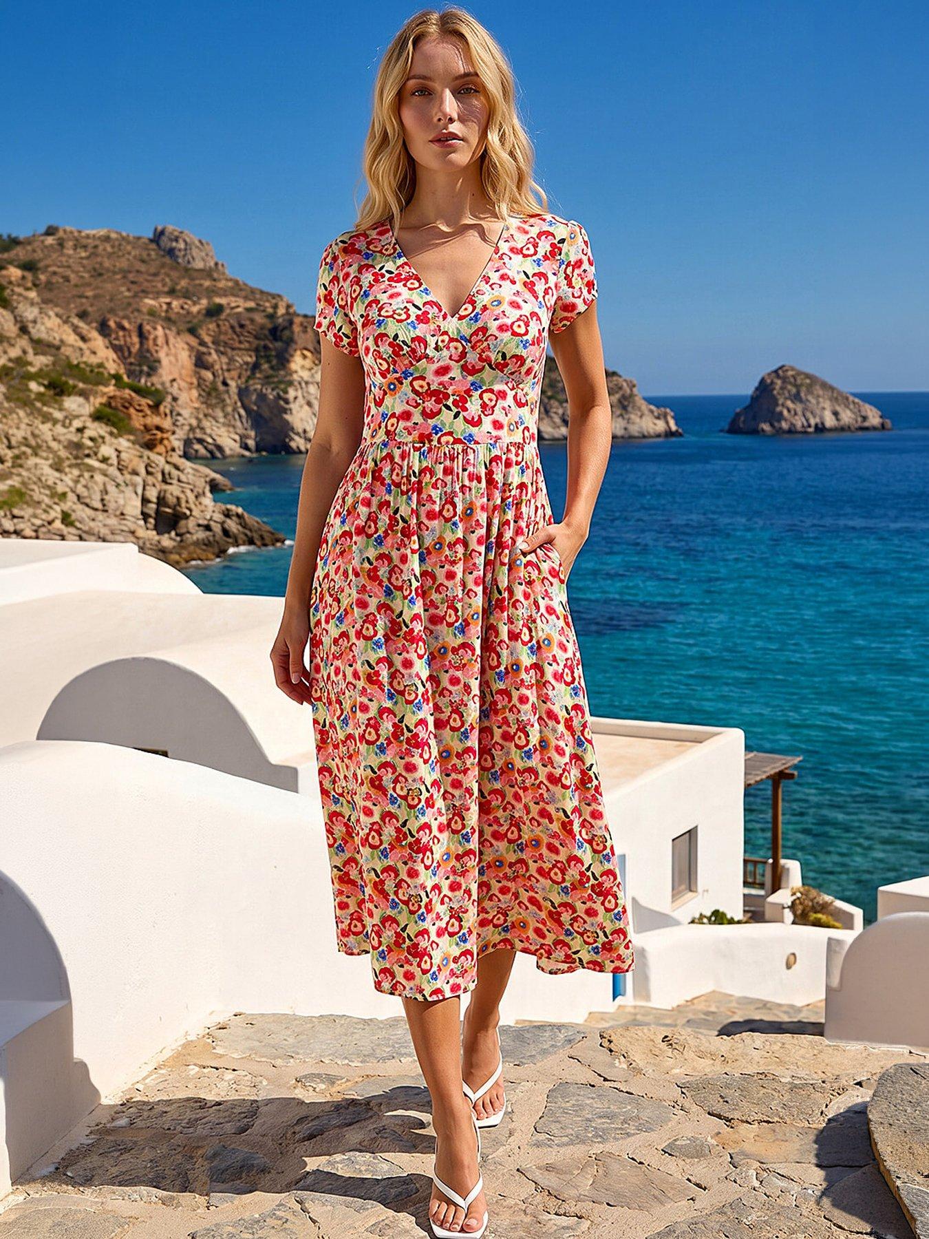 Roman Floral Print Tea Midi Dress - Red