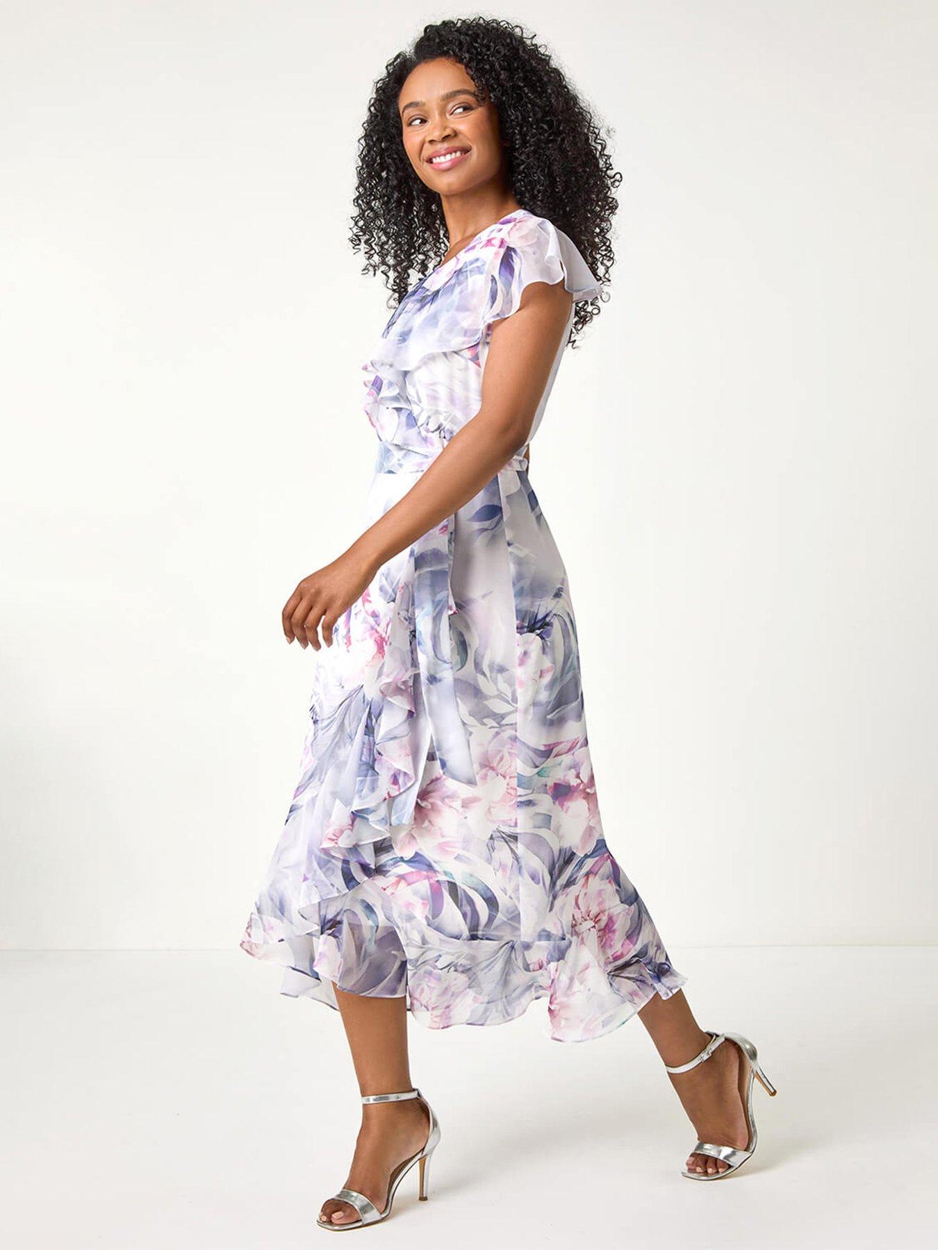 Roman Petite Floral Print Wrap Frill Midi Dress - Grey