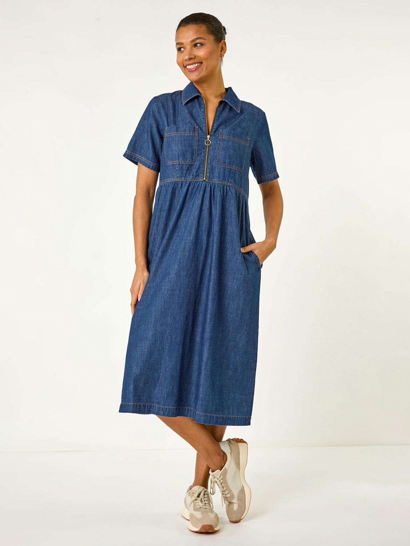 Roman Denim Zip Midi Dress - Blue