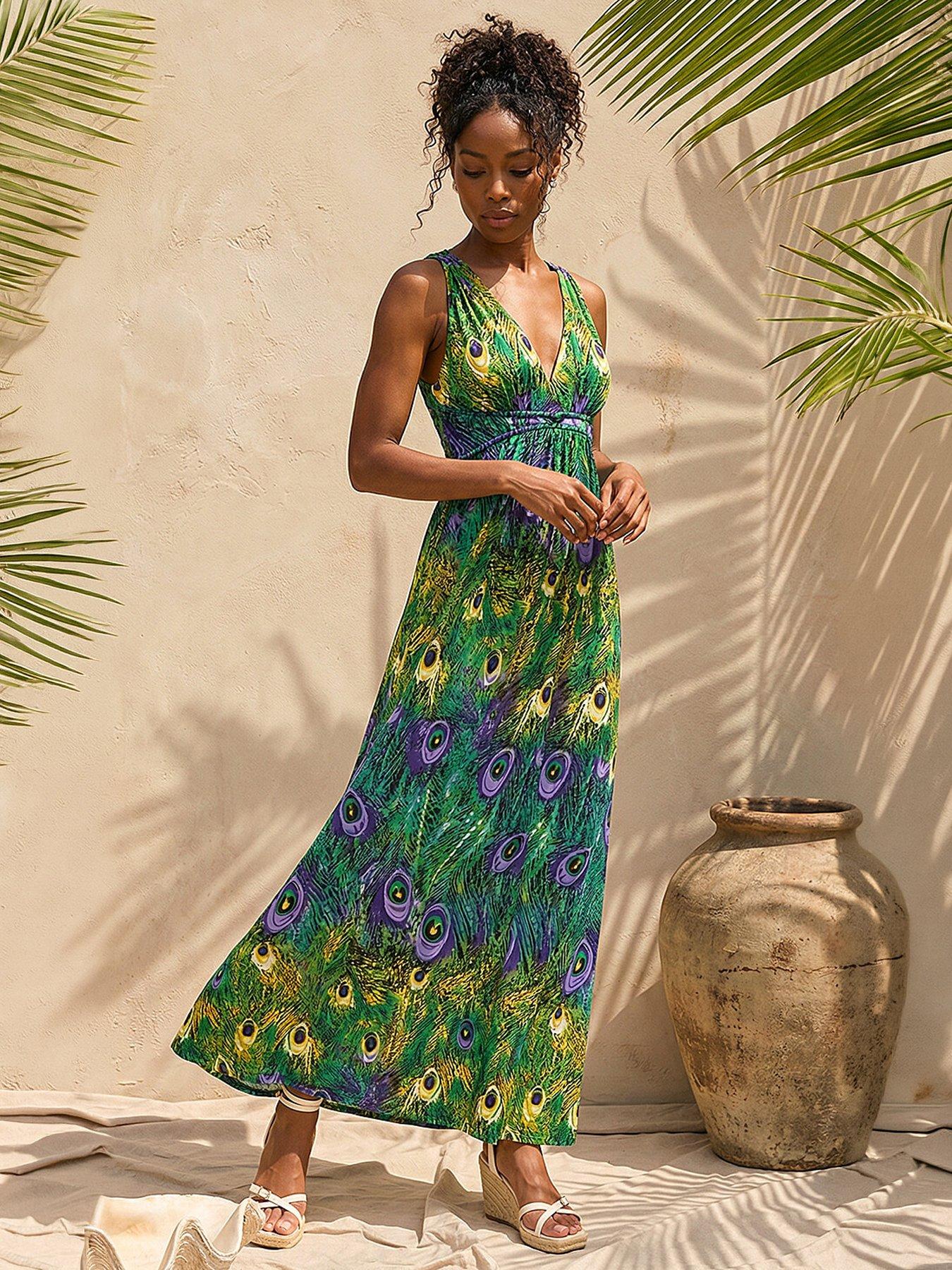 Roman Peacock Printed Maxi Dress - Green