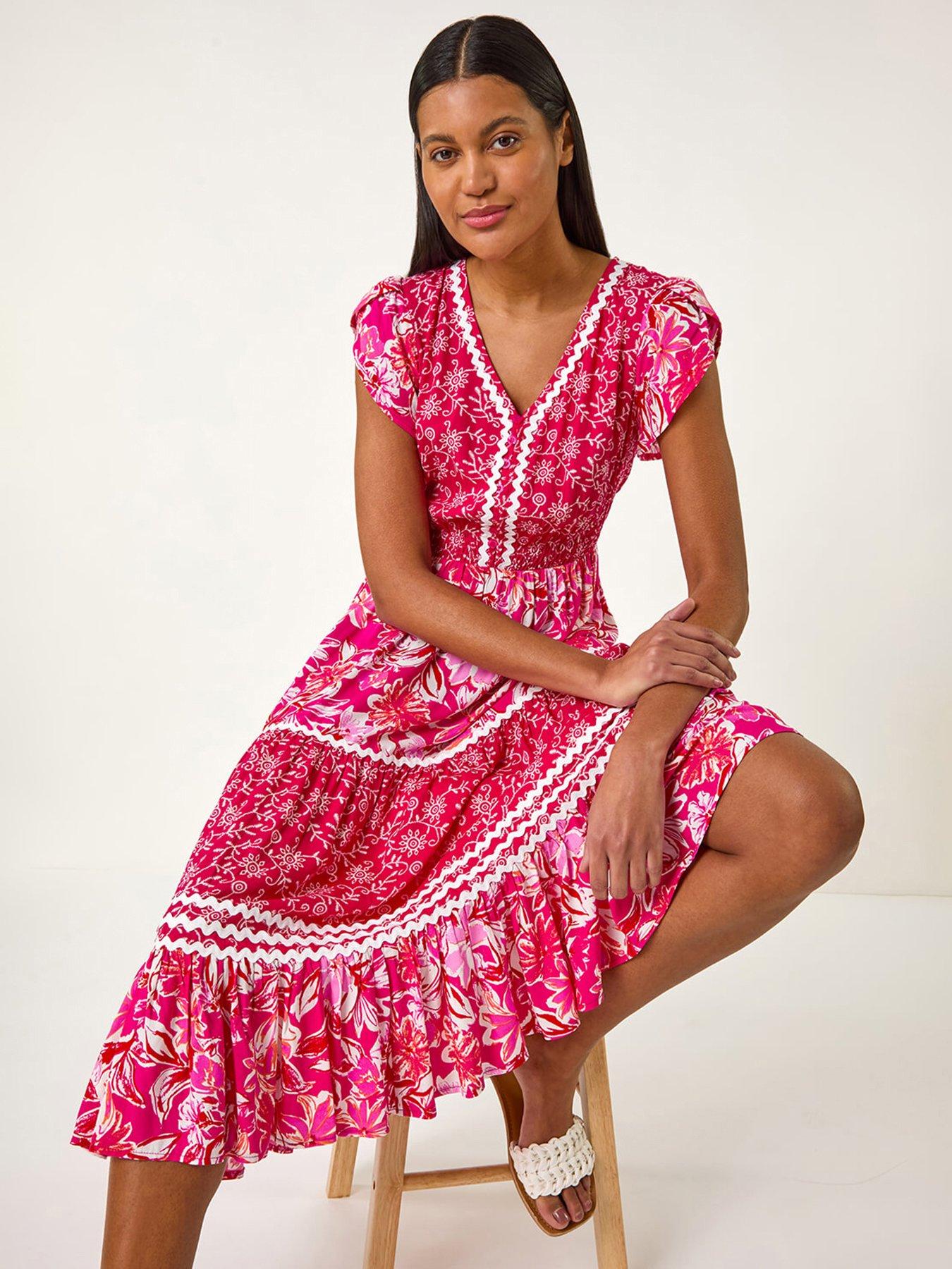 Roman Floral Contrast Stitch Midi Dress - Pink