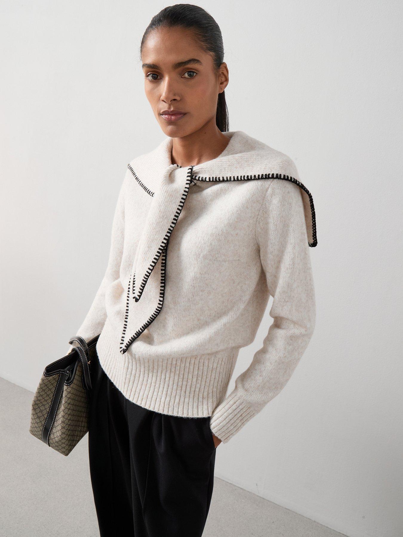 The Very Collection Timeless Yarn Blanket Stitch Scarf Detail Knitted Jumper - Beige