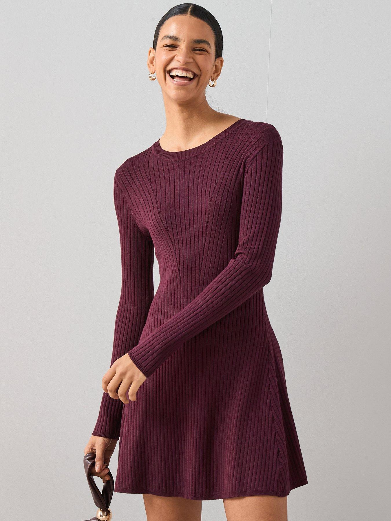 The Very Collection Crew Neck Fit  &  Flare Knitted Mini Dress - Burgundy