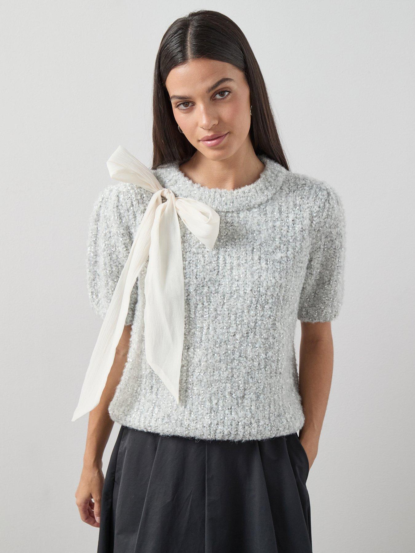The Very Collection Short Sleeve Boucle Jumper With Organza Bow - Grey