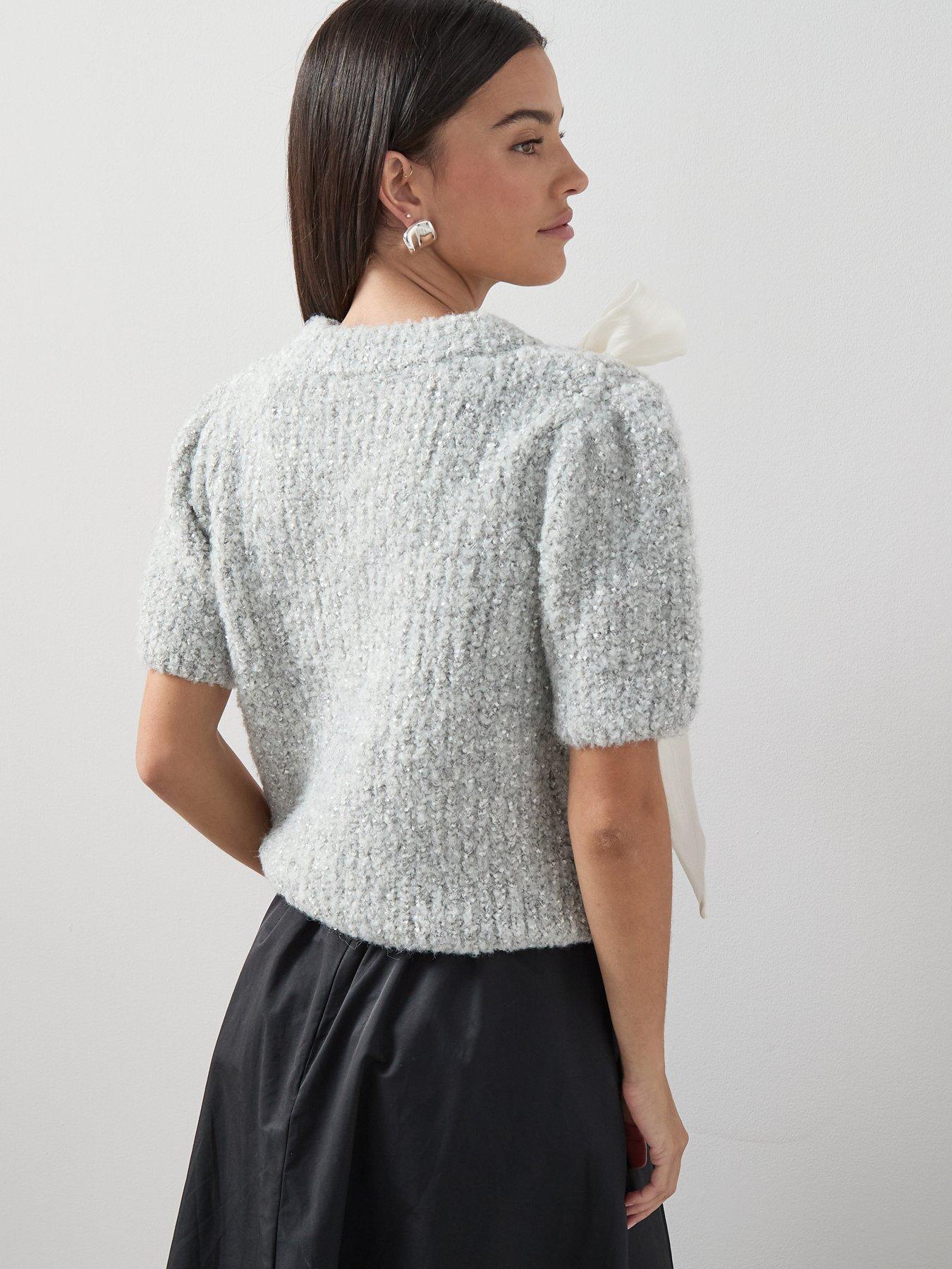 the-very-collection-short-sleeve-boucle-jumper-with-organza-bow-greydetail