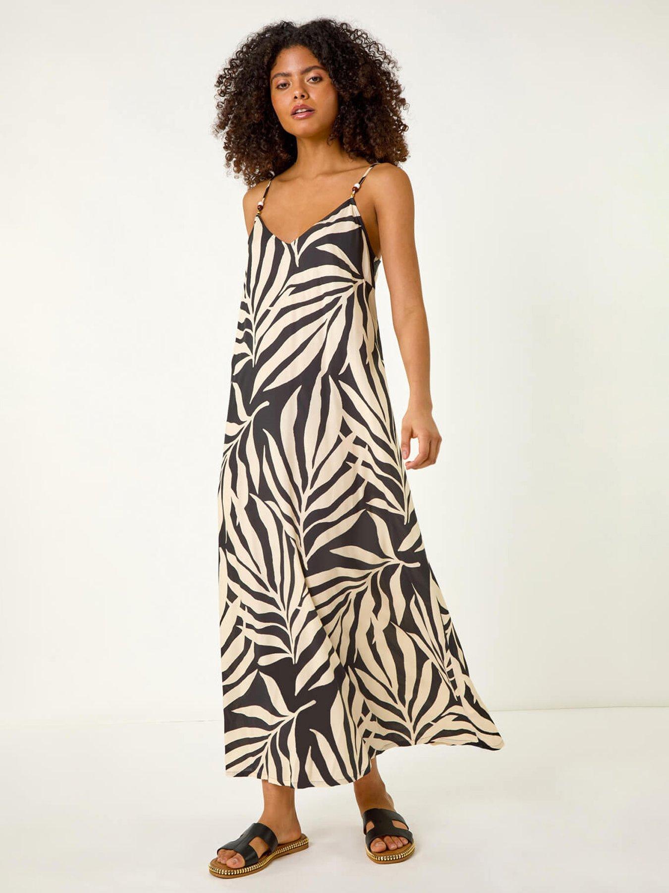 Roman Mono Leaf Print Maxi Dress - Black