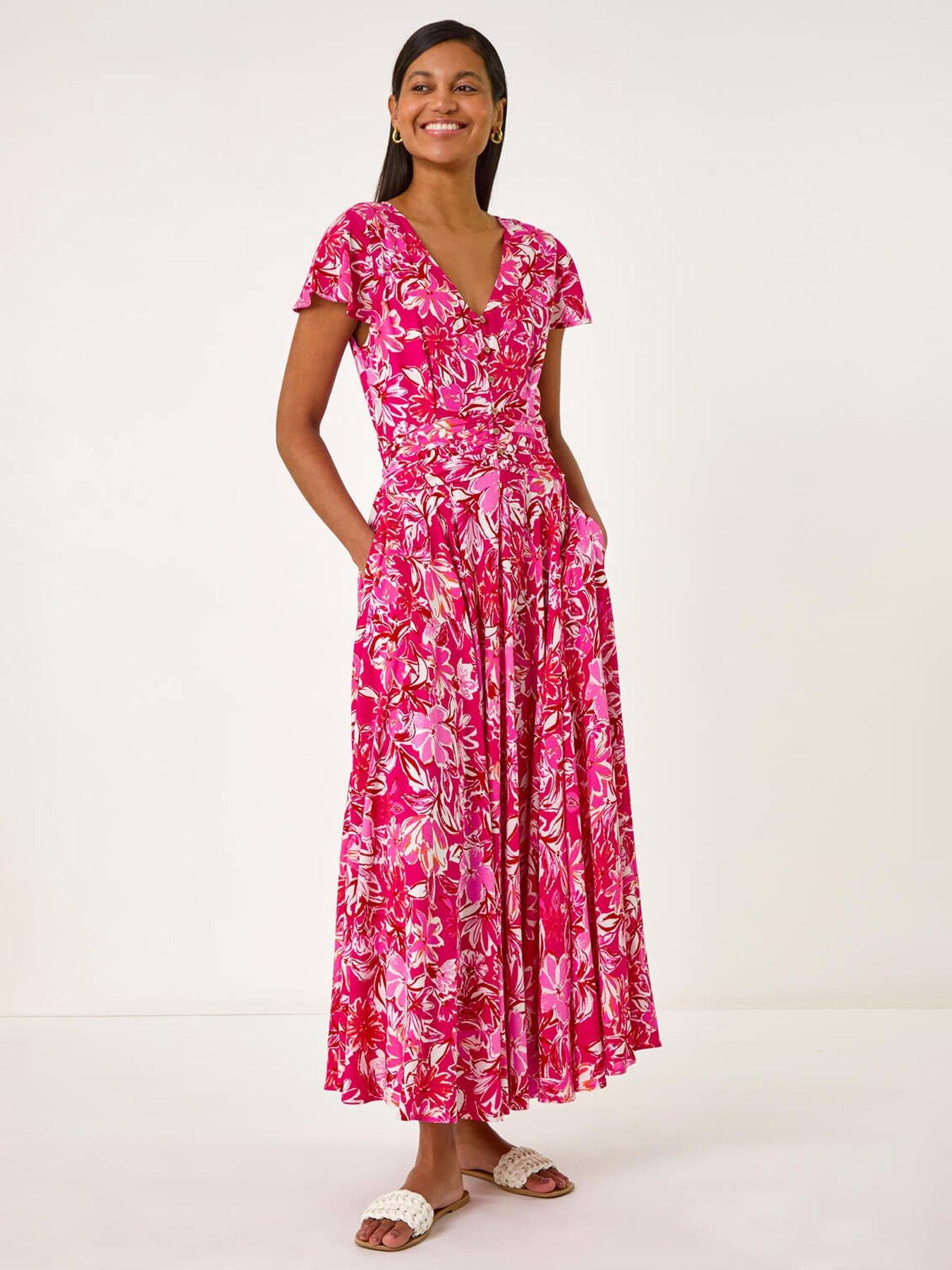 Roman Floral Ruched Waist Maxi Dress - Pink