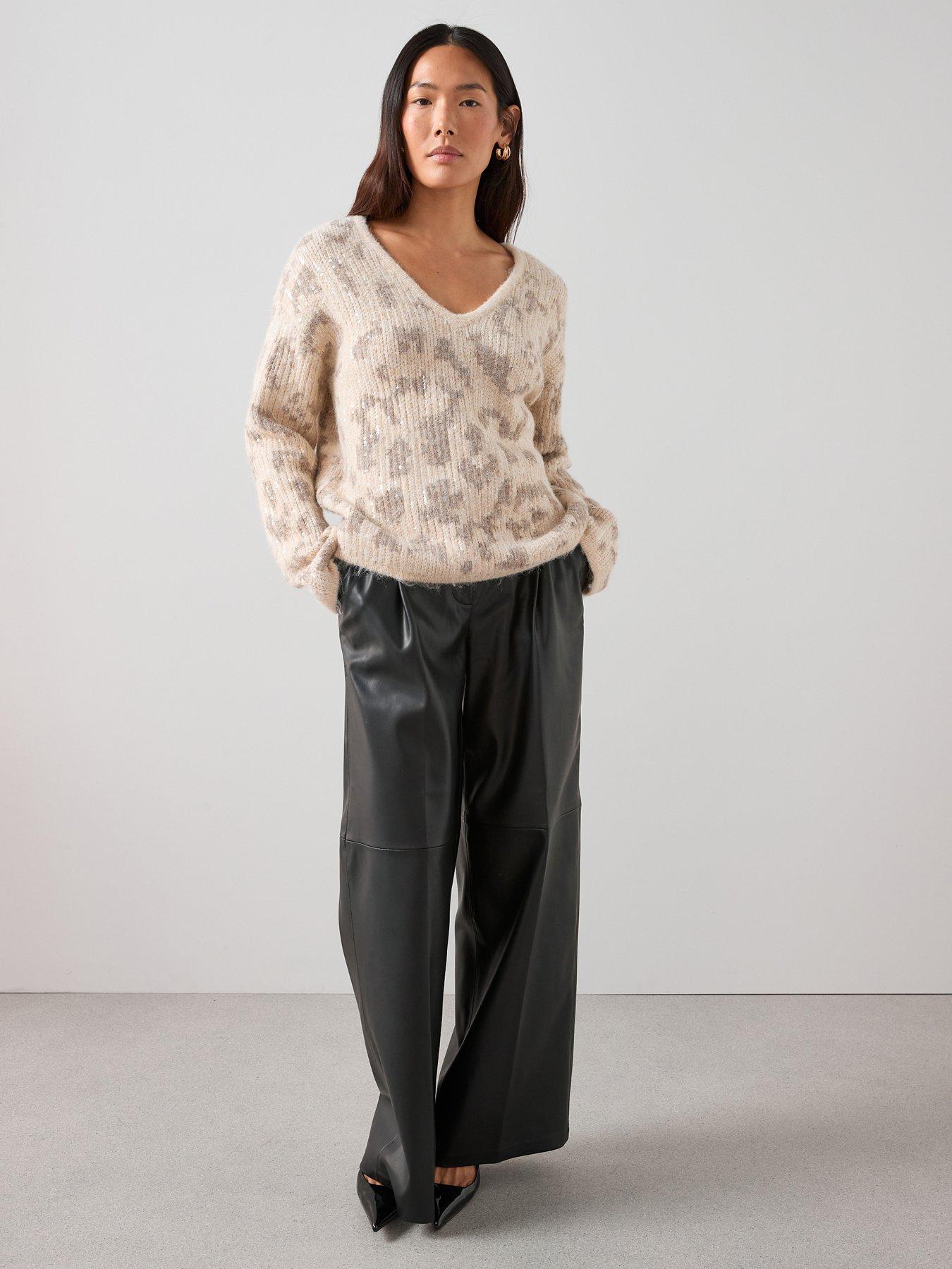 The Very Collection V Neck Leopard Sequin Jumper With Wool - Neutral