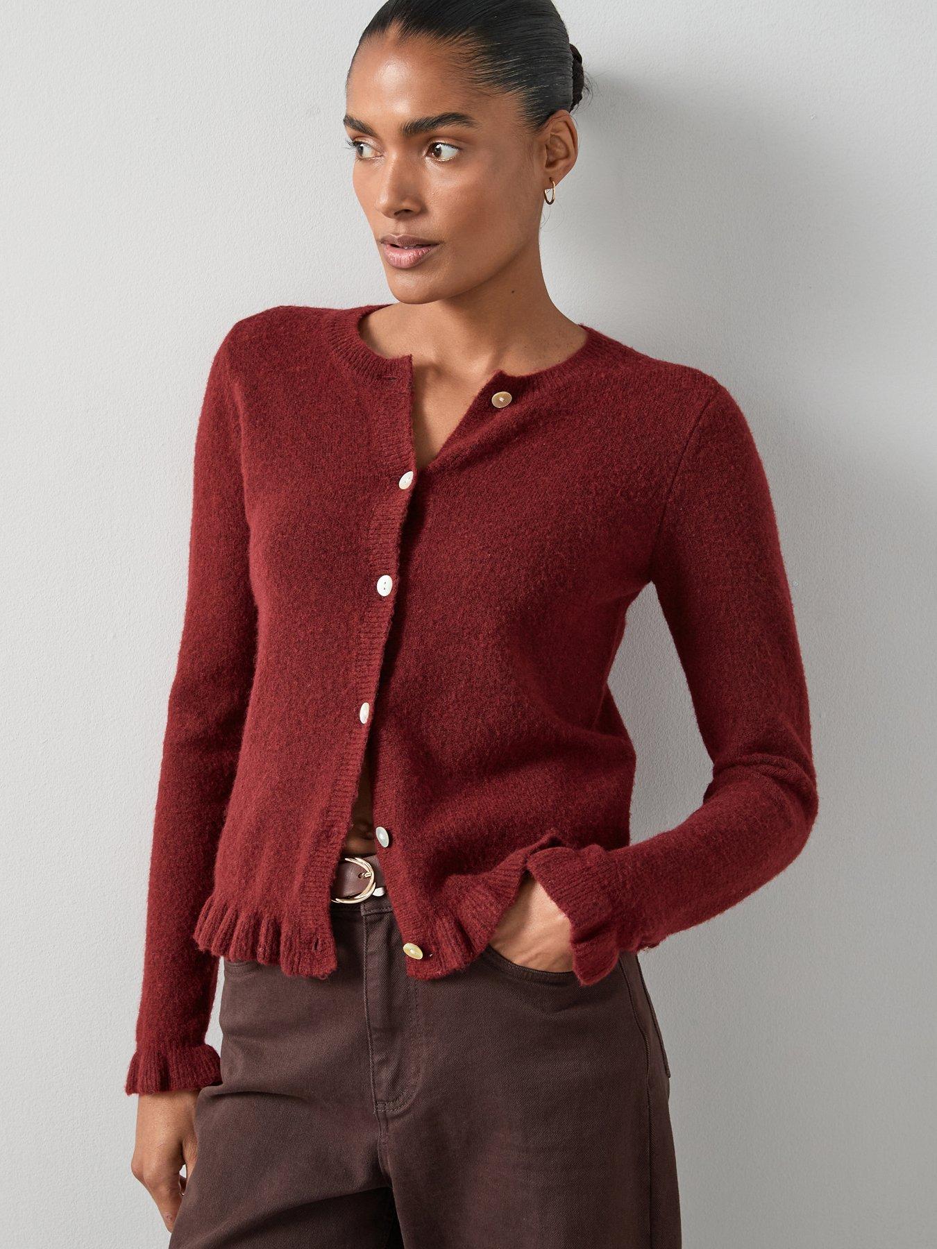 The Very Collection Crew Neck Ruffle Hem Cardigan - Burgundy