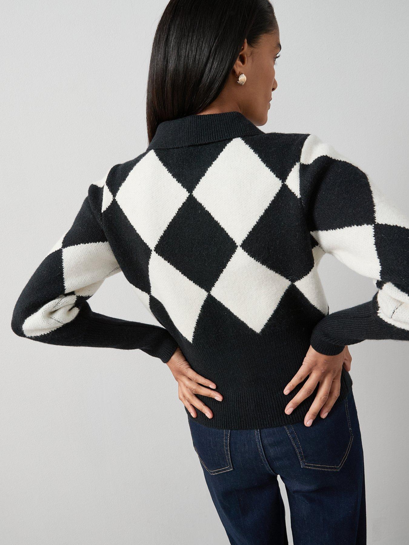 the-very-collection-collared-neck-argyle-cardigan-blackmultistillFront